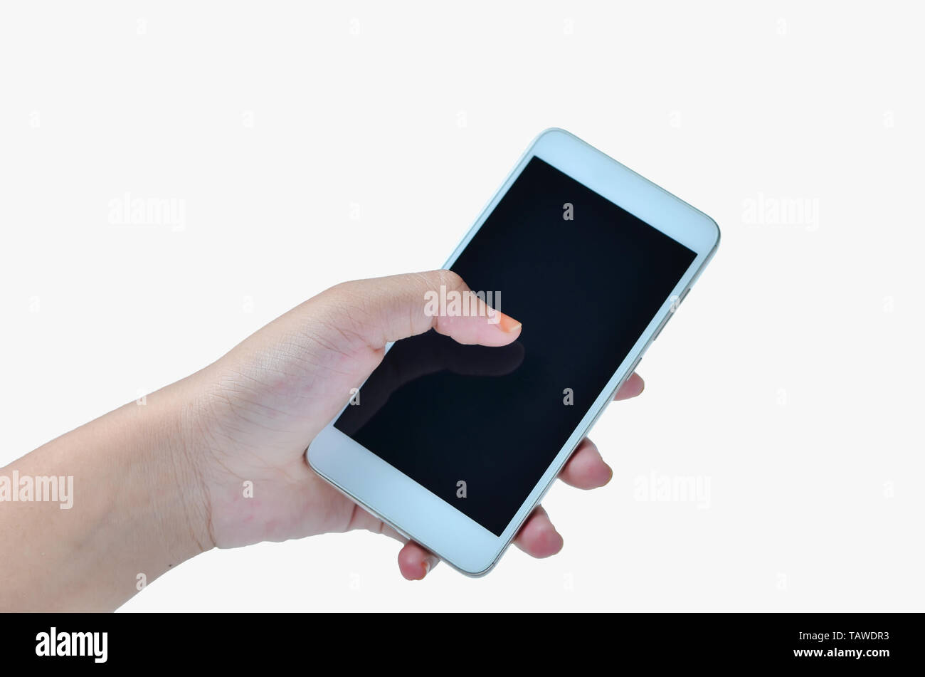 Famale Händen hält das Telefon in weißem Hintergrund Stockfoto