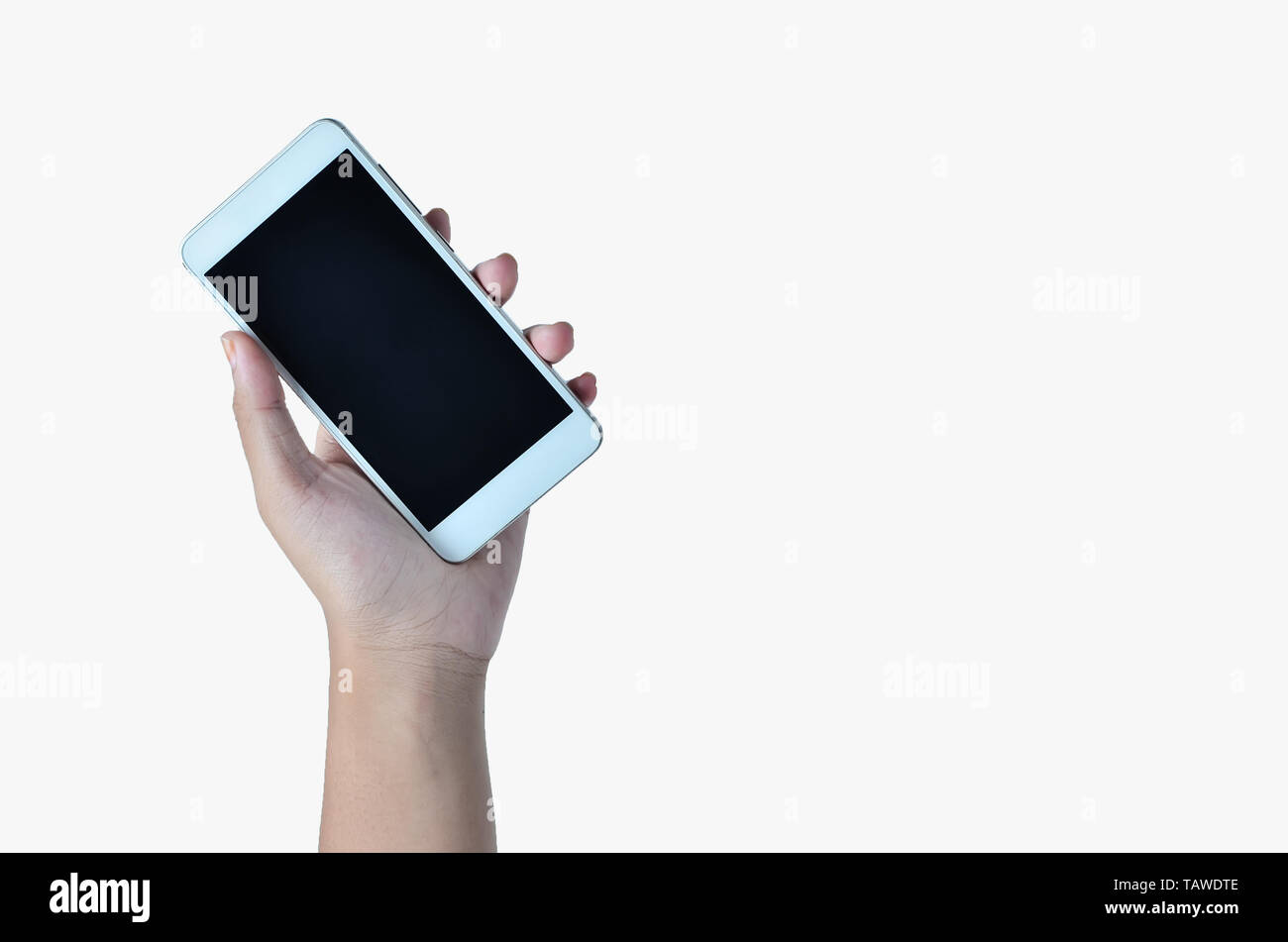 Famale Händen hält das Telefon in weißem Hintergrund Stockfoto