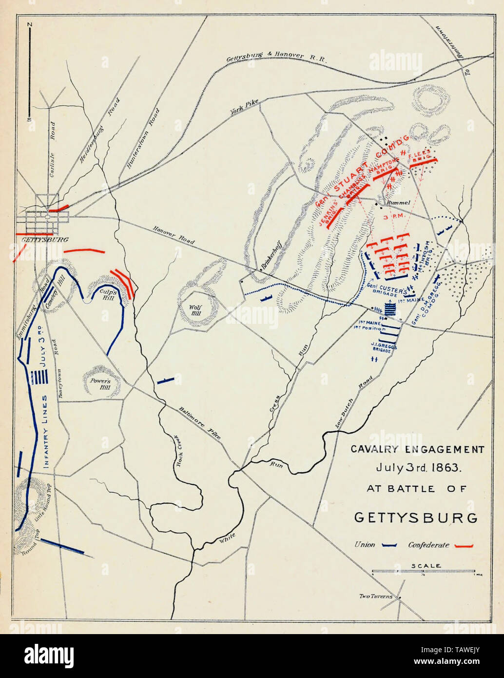 Karte der Reiterei Einrücken bei der Schlacht von Gettysburg, 3. Juli 1863 Stockfoto