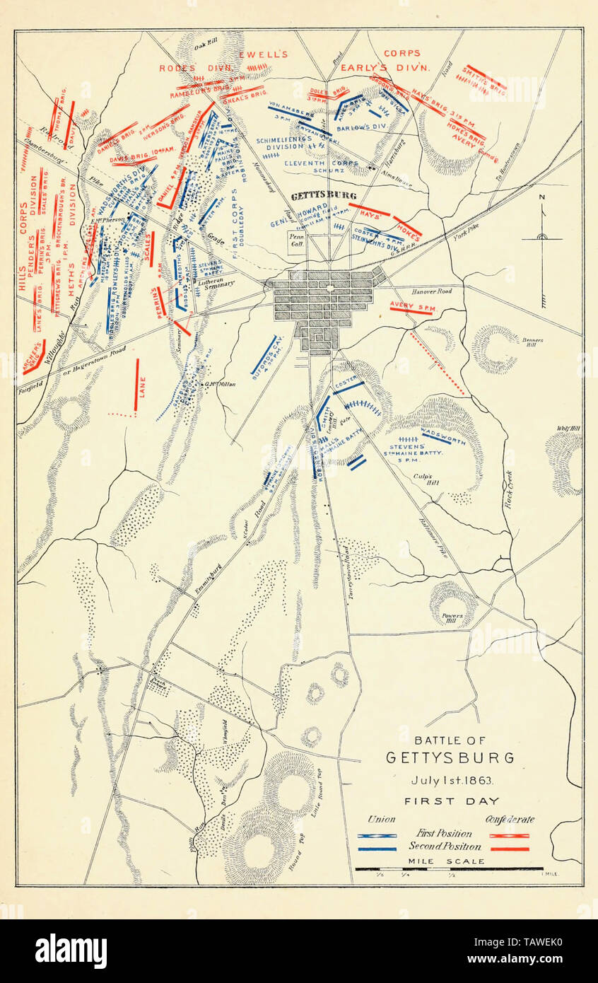 Karte der Schlacht von Gettysburg, erster Tag, 1. Juli 1863 Stockfoto