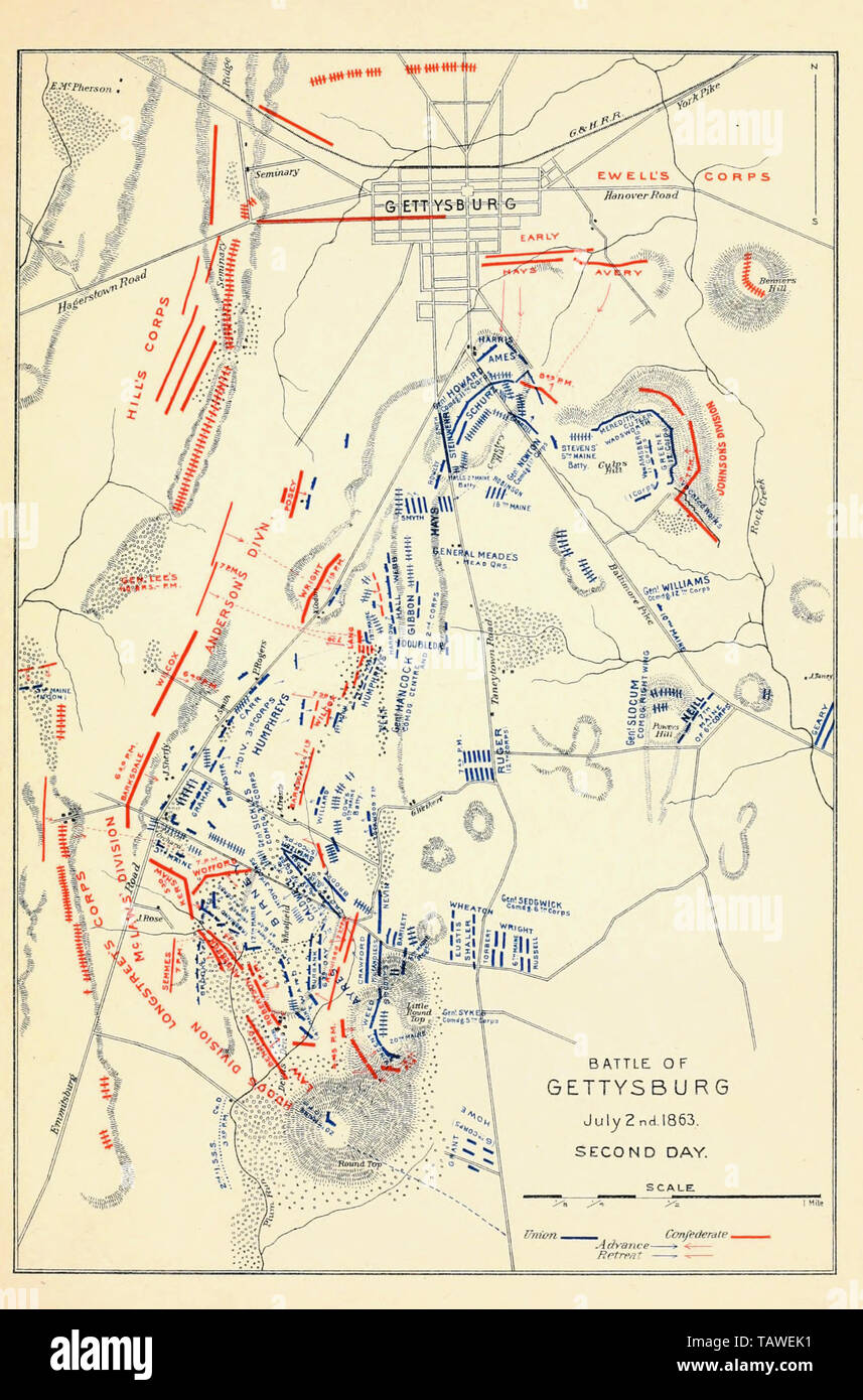 Karte der Schlacht von Gettysburg, zweiter Tag, 2. Juli 1863 Stockfoto