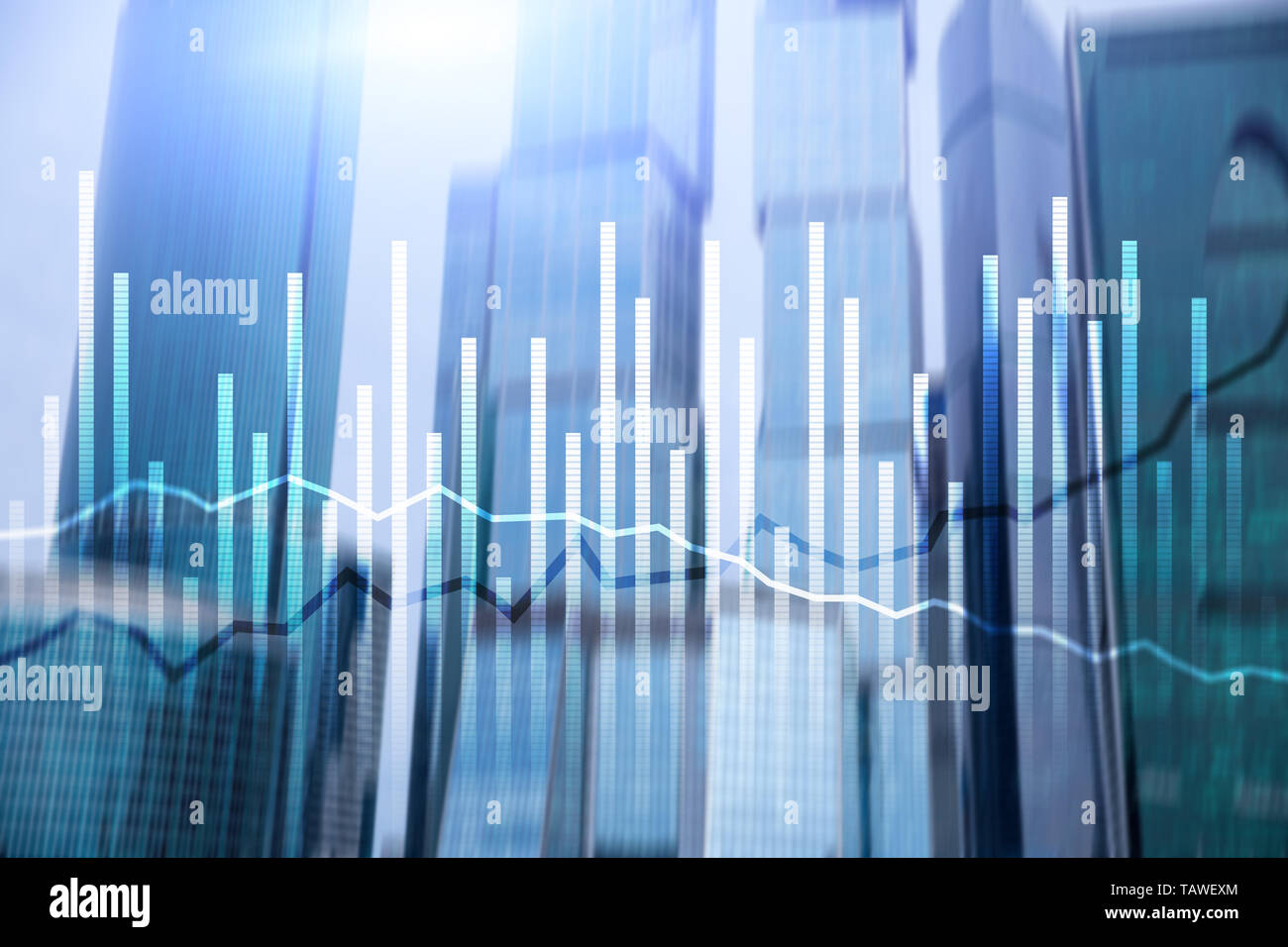 Double Exposure Wirtschaft Wachstum Diagramme auf den verschwommenen Hintergrund. Unternehmen und Investitionen. Stockfoto
