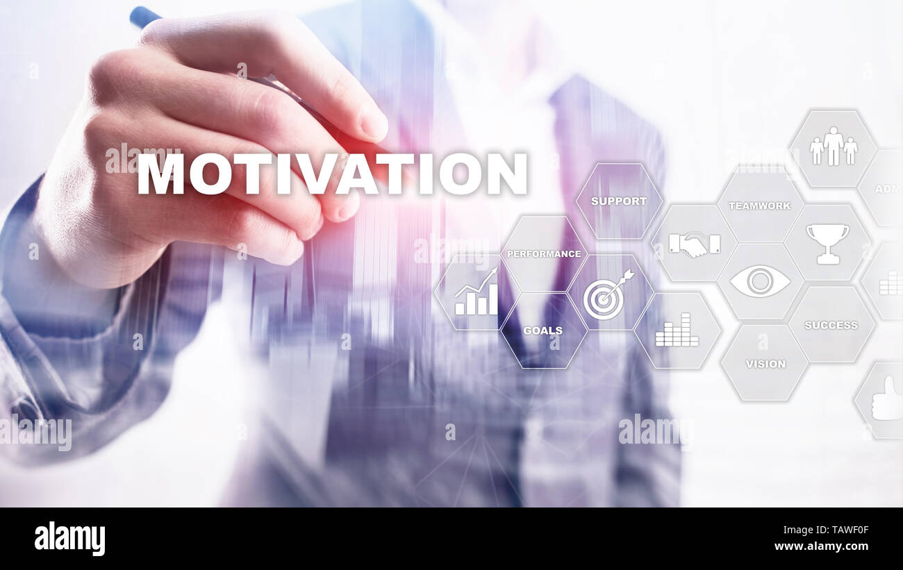 Motivation Konzept mit den Elementen. Business Team. Finanzkonzept auf verschwommenen Hintergrund. Mixed Media. Stockfoto