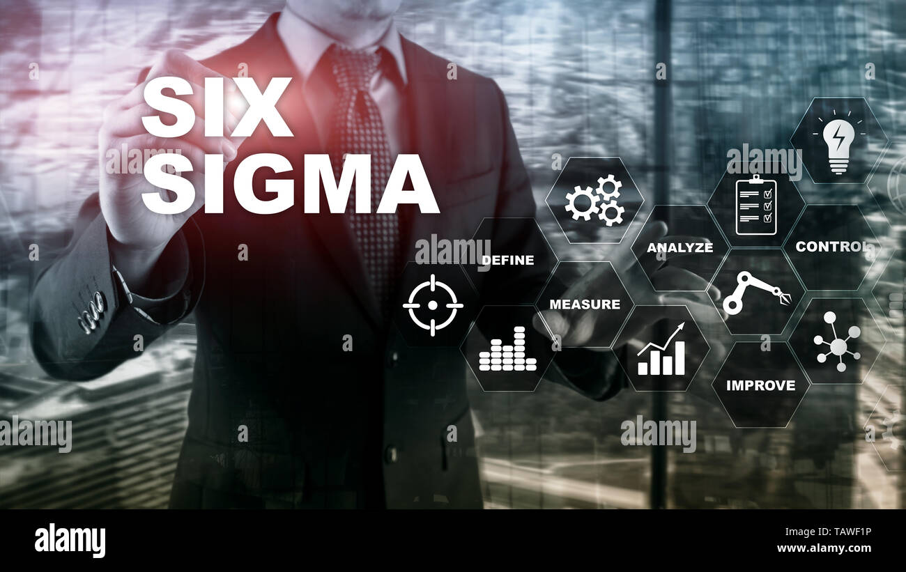 Six Sigma, Herstellung, Qualitätskontrolle und industriellen Prozess Konzept zu verbessern. Business, Internet und tehcnology Stockfoto