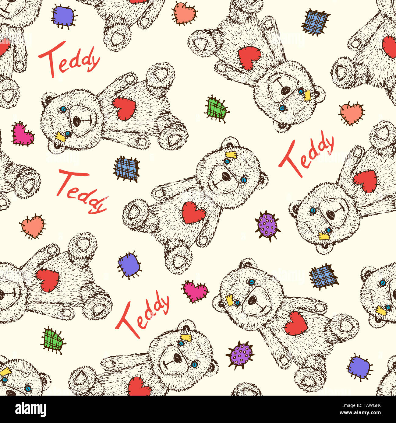 Teddy Bear mit bunten Patches und Beschriftung, Hand gezeichnet doodle  Skizze, nahtlose Muster Design auf weichem gelben Hintergrund  Stockfotografie - Alamy