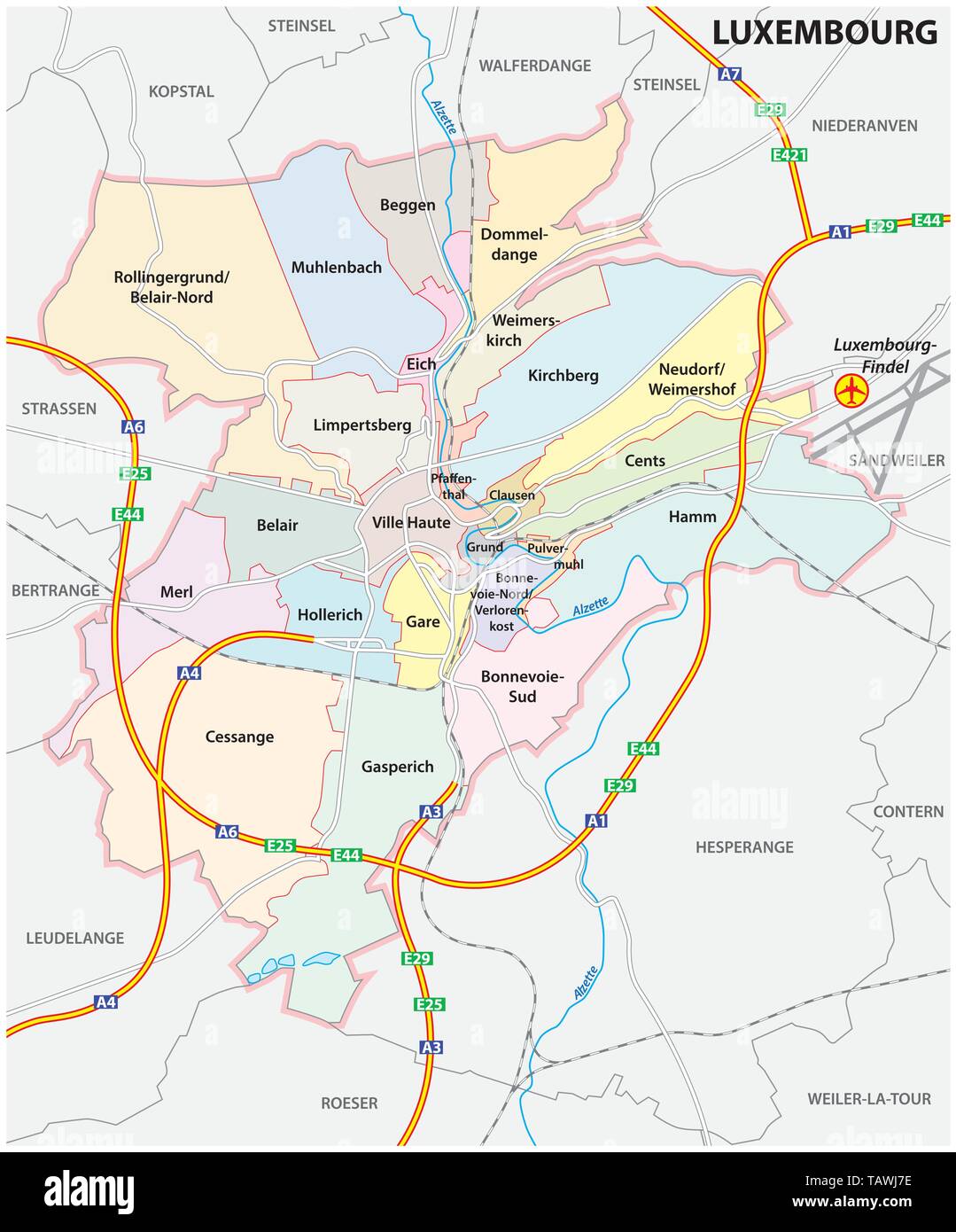 Verwaltungs- und Stadtplan der Stadt Luxemburg. Stock Vektor