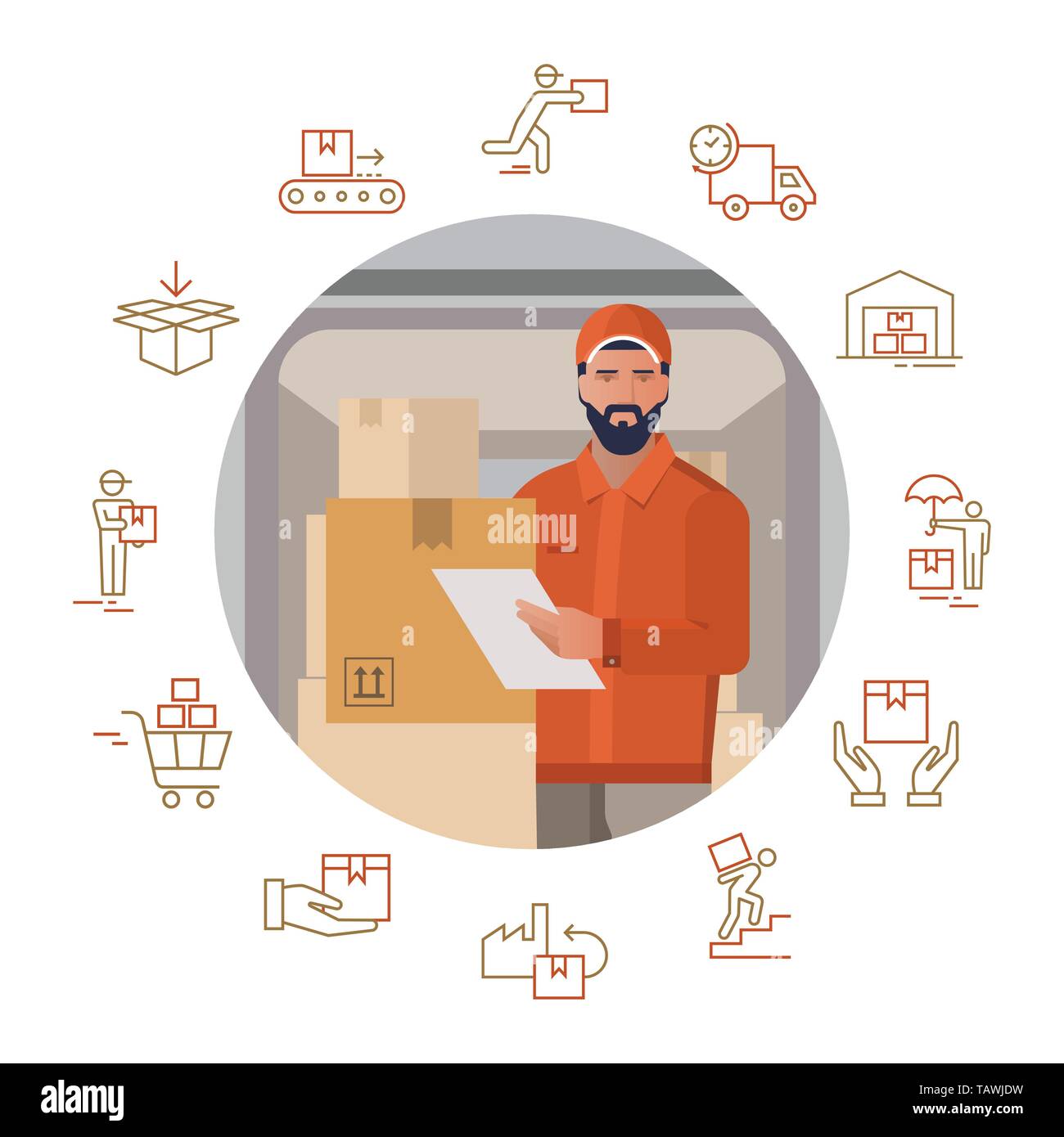 Vector Illustration mit einer Reihe von Symbolen auf das Thema der Lieferung mit dem Bild eines bärtigen Delivery Man Kurier auf dem Hintergrund der Boxen. Stock Vektor