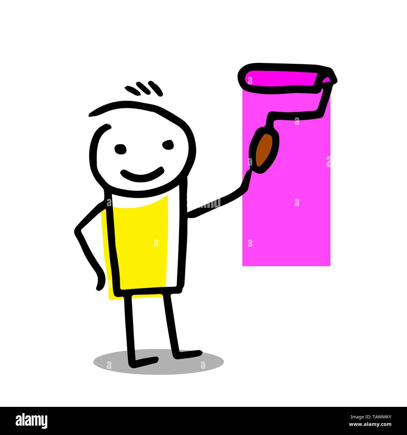 Glückliche Arbeiter Strichmännchen malen eine Wand mit einem Applikator. Home Reparatur Konzept. Stockfoto