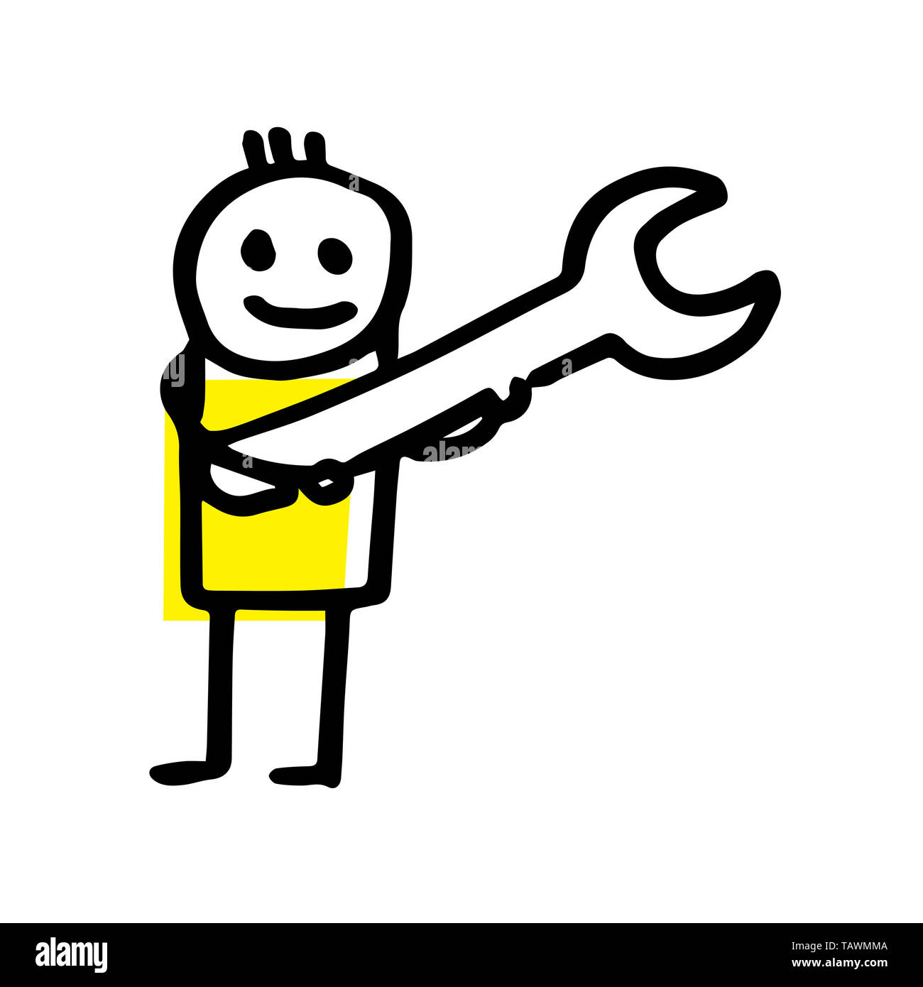 Kindliche hand gezeichnete Strichmännchen hält einen Schraubenschlüssel. Home Reparatur Konzept. Stockfoto