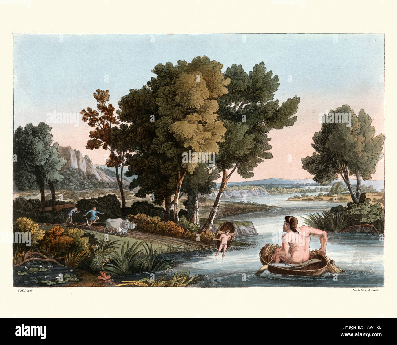 Alten britischen Fischerei und Tierhaltung, Bauern Pflügen eines Feldes und Mann angeln mit einem coracle Boot. 1815, das Kostüm der ursprünglichen Einwohner o Stockfoto