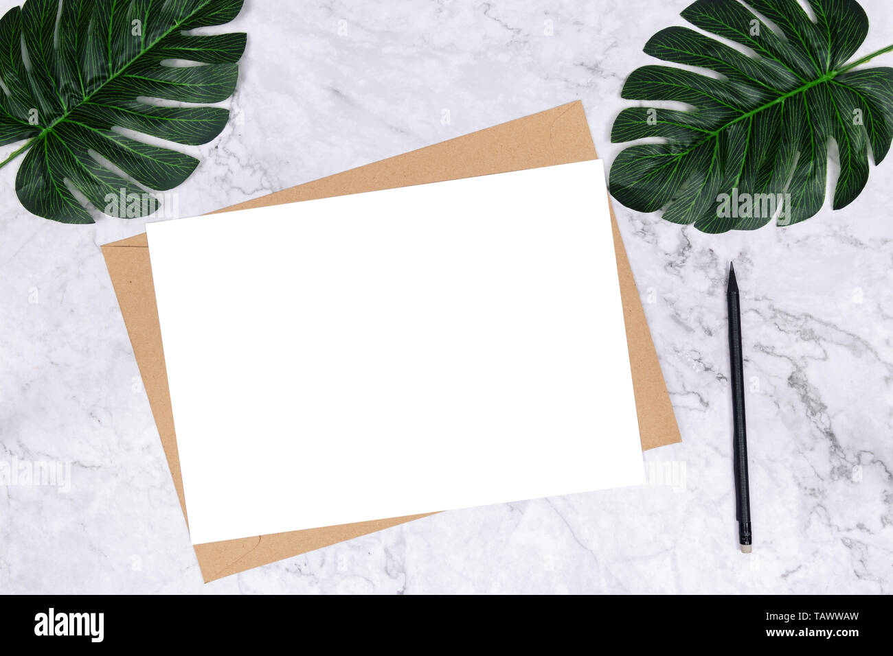 Leeres weißes Papier im Format A4 auf braunem Papier Umschlag auf weißem Hintergrund mit grünen palm leaf auf dem Schreibtisch für die Dekoration. minimalistische Flach, oben vie Stockfoto