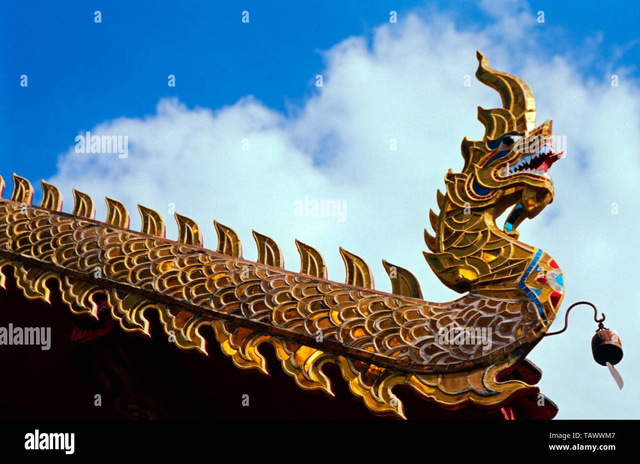Naga Kopf auf der Dachlinie, Wat Phra That Hariphunchai, Lamphun Thailand Stockfoto