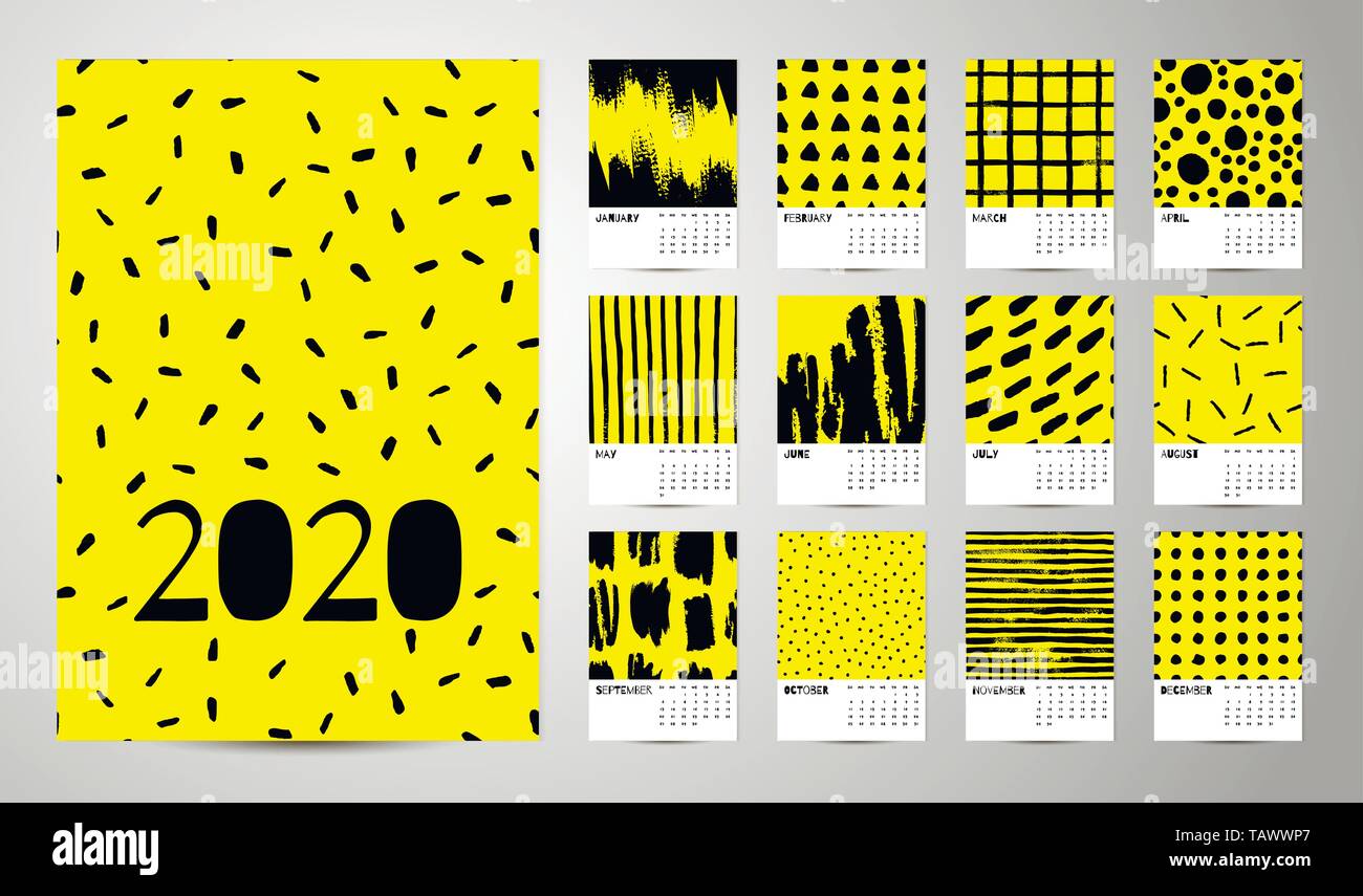 2020 Englisch Kalender Abstract Vector Hand zeichnen Gelb und Schwarz. 12 Monate, Woche beginnt Sonntag. Monochrome Minimalismus Stil. Stock Vektor