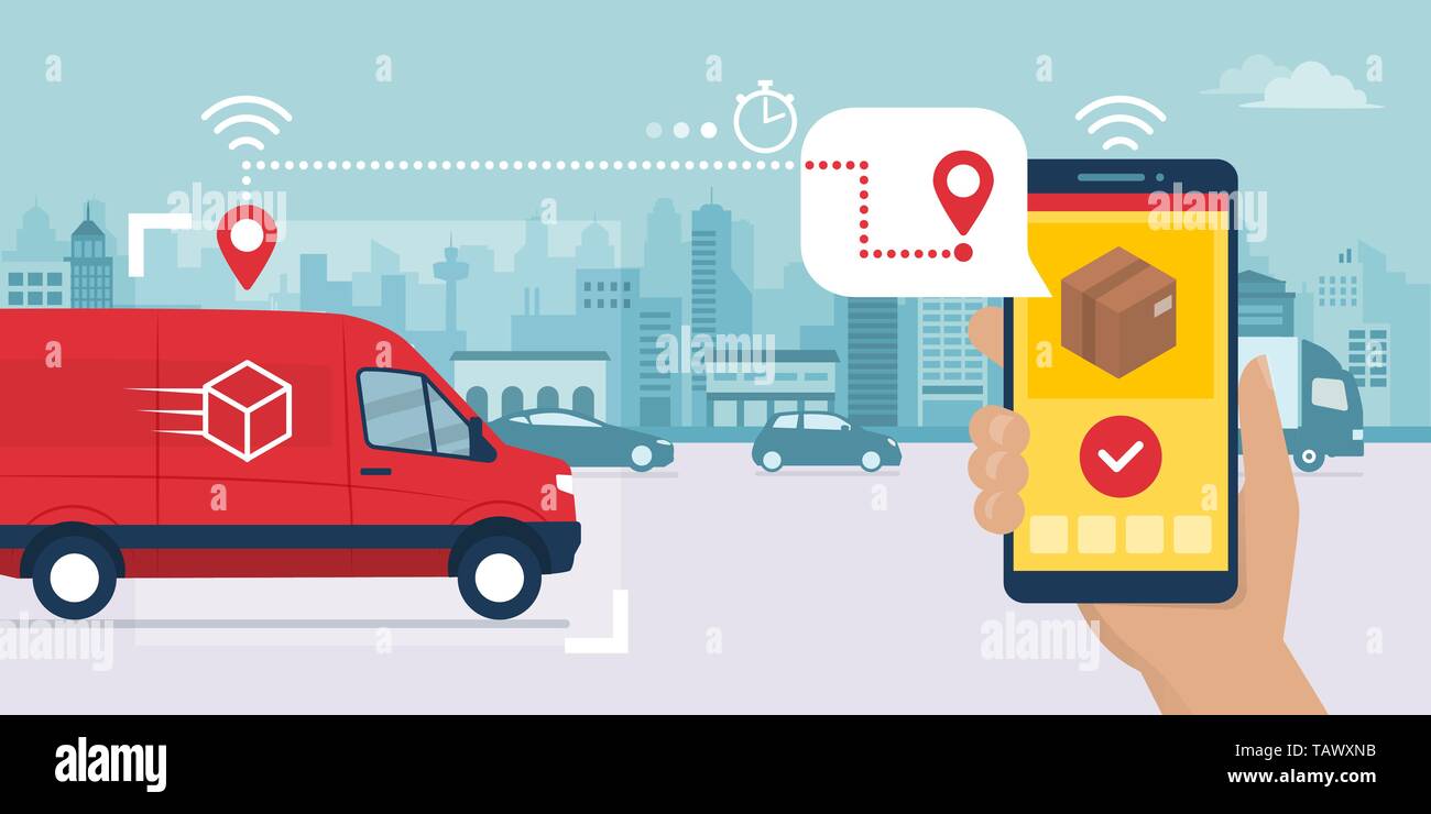 Schnelle Lieferung Service App auf dem Smartphone: van eine Box und mann Tracking eine Bestellung mit seinem Smartphone, Straße der Stadt im Hintergrund, Logistik Stock Vektor