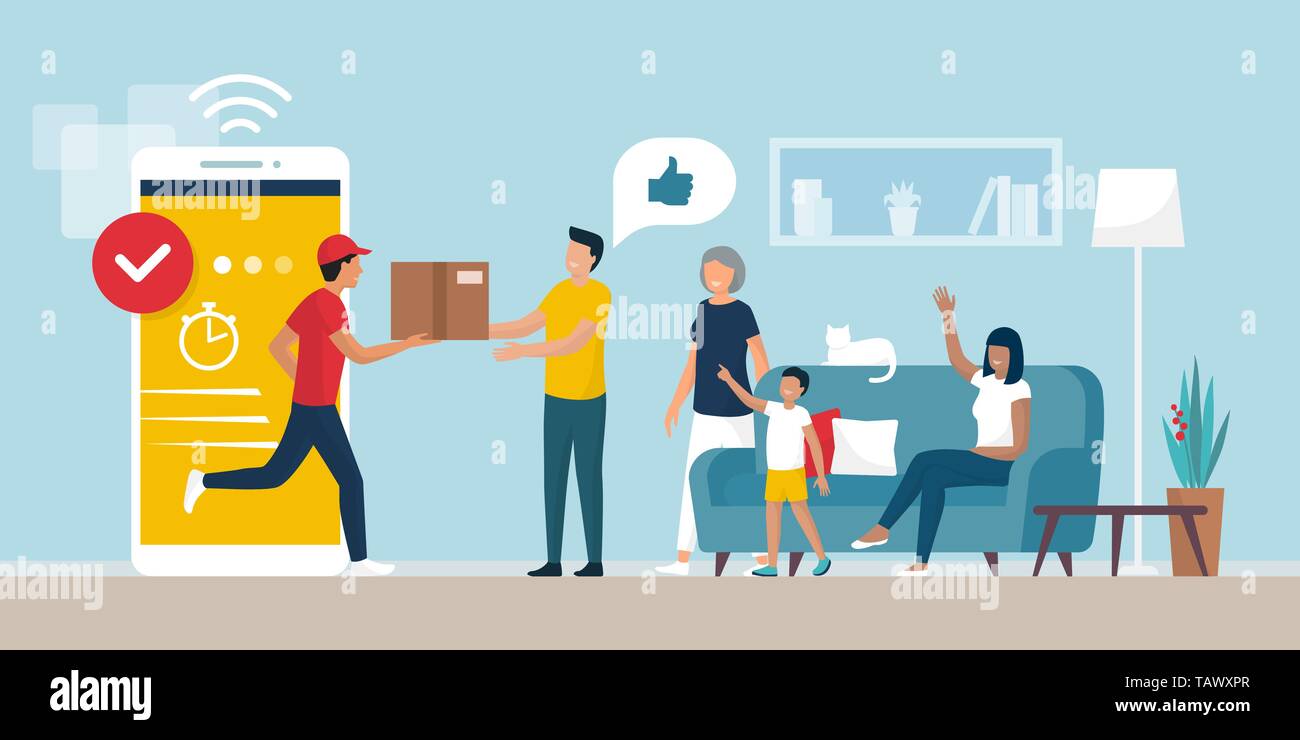 Lieferung app Service: Mann mit einem Karton zu einem glücklichen fröhliche Familie zu Hause im Wohnzimmer, Logistik und Technologie Konzept Stock Vektor