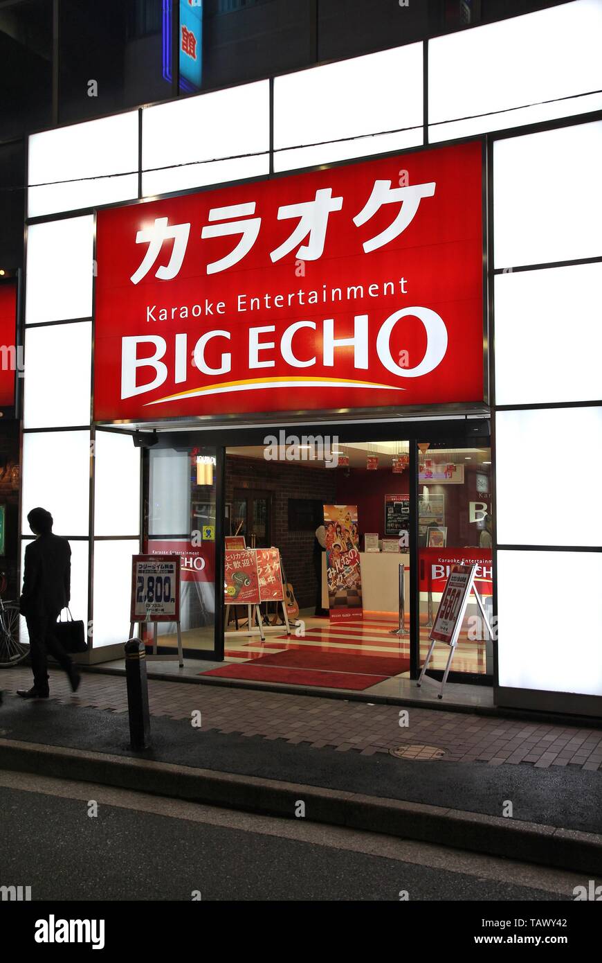 TOKYO, Japan - 13. APRIL 2012: Person geht durch grosses Echo karaoke bar Yaesu Nachbarschaft in Tokio. Tokyo ist die Hauptstadt von Japan, 35 Millionen Menschen Stockfoto