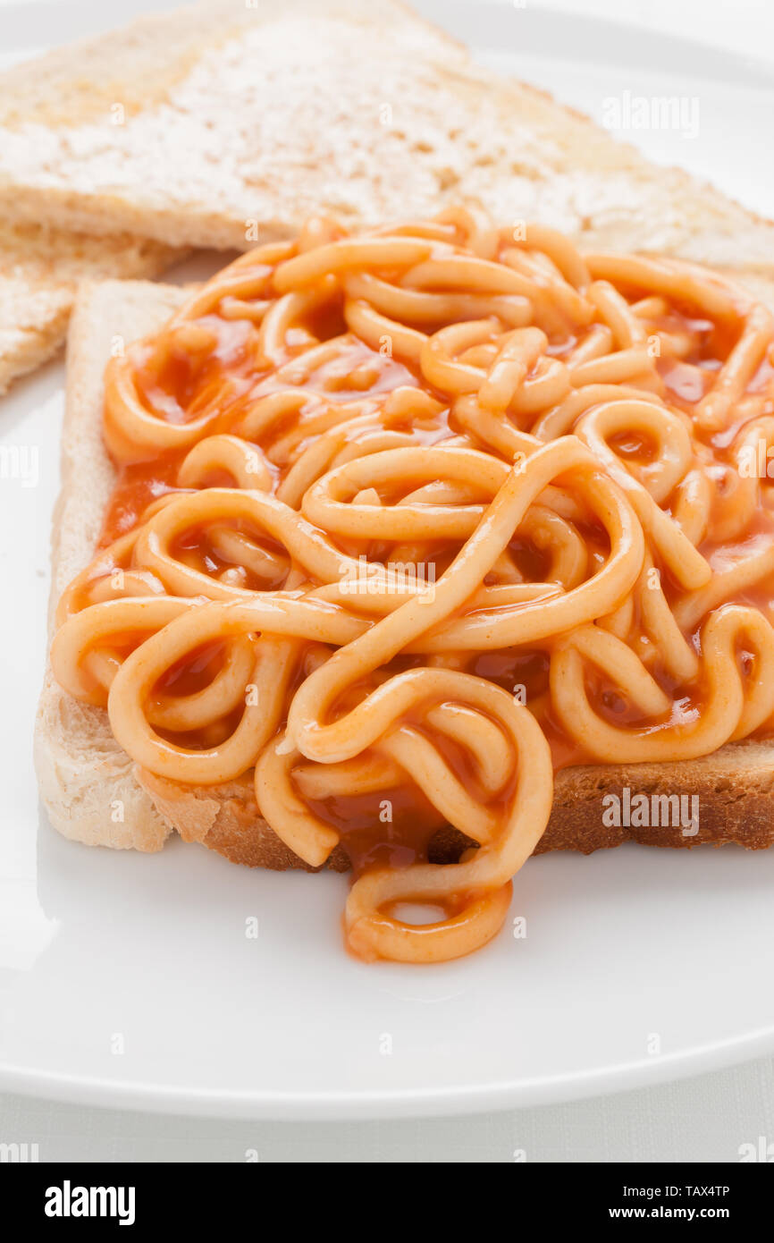 Dose Spaghetti auf Toast eine einfache und schnelle Mahlzeit für Reisende mit Budget Stockfoto