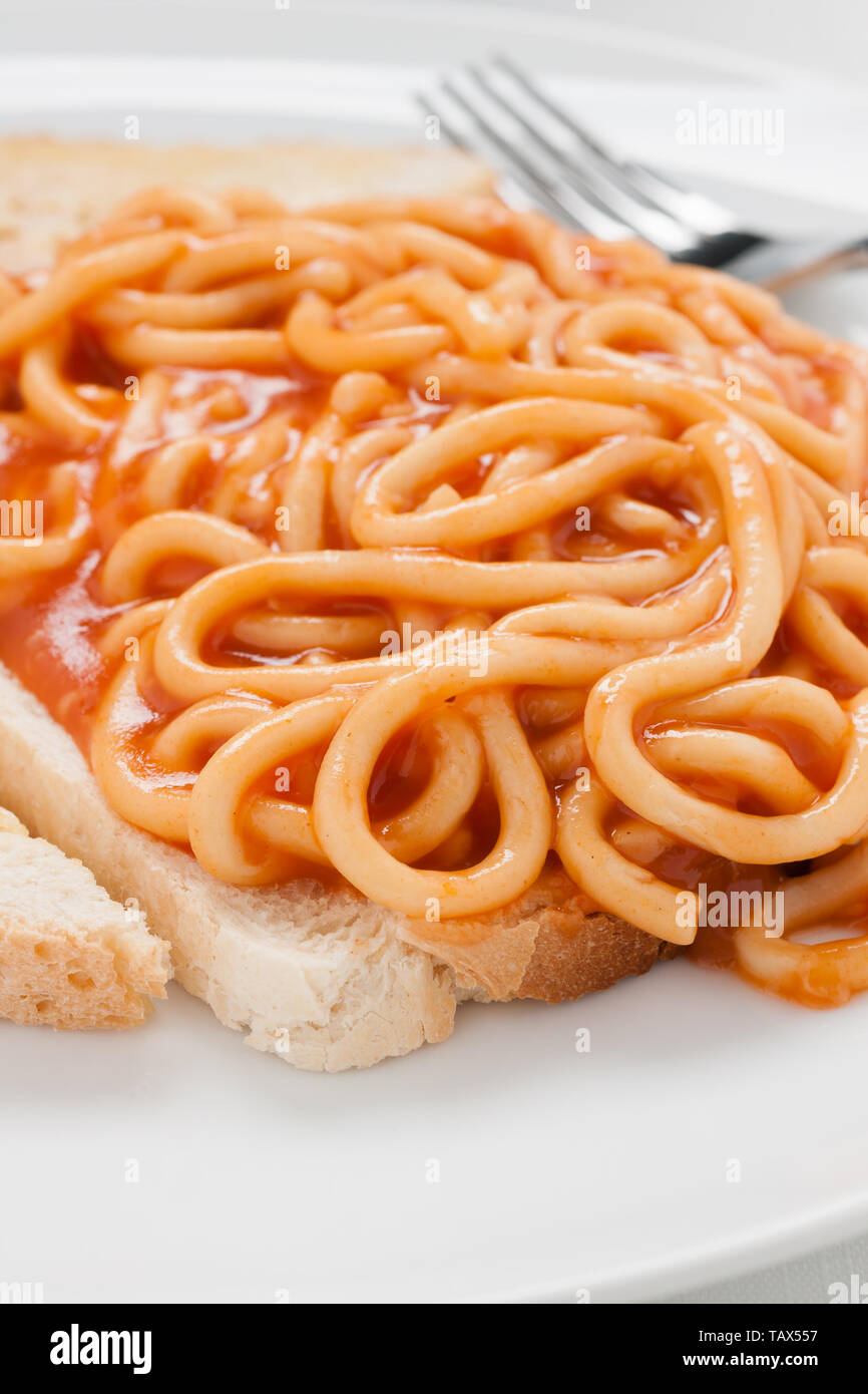 Dose Spaghetti auf Toast eine einfache und schnelle Mahlzeit für Reisende mit Budget Stockfoto