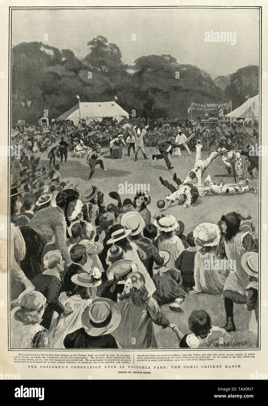 Kinder der Krönung Fete für König Edwaqrd VII im Victoria Park, komische Cricket Match, 1902 Stockfoto