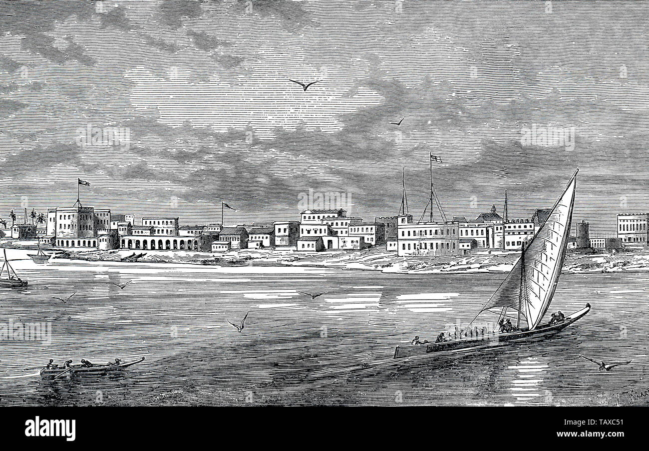 Blick auf die Stadt von Sansibar, Tansania, Ostafrika, historischer Stich aus dem 19. Jahrhundert, Stadtansicht von Sansibar, Tansania, Ostafrika, historischer Stich aus dem 19. Jahrhundert Stockfoto