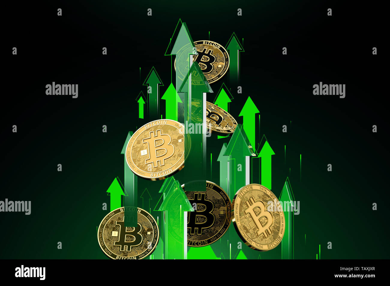 Grüne Pfeile Aufnahmen mit hoher Geschwindigkeit wie Bitcoin (BTC) Preis steigt. Cryptocurrency Preise wachsen, hohes Risiko - hohe Gewinne Konzept. 3D-Rendering Stockfoto