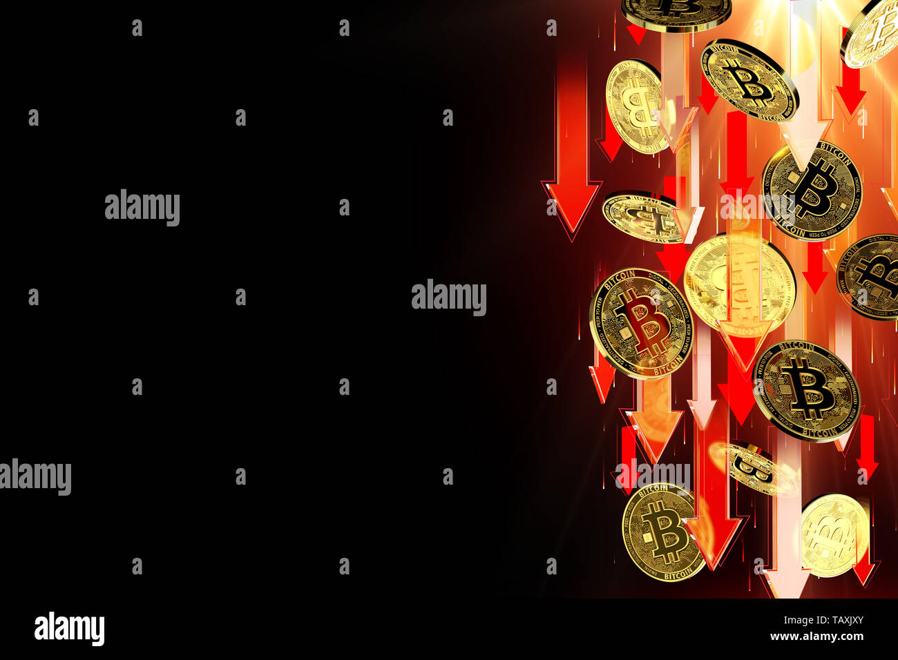 Rote Pfeile nach unten als Bitcoin (BTC) Preis fällt. Auf schwarzem  Hintergrund isoliert, kopieren. Cryptocurrency Preise sinken Konzept.  3D-Rendering Stockfotografie - Alamy