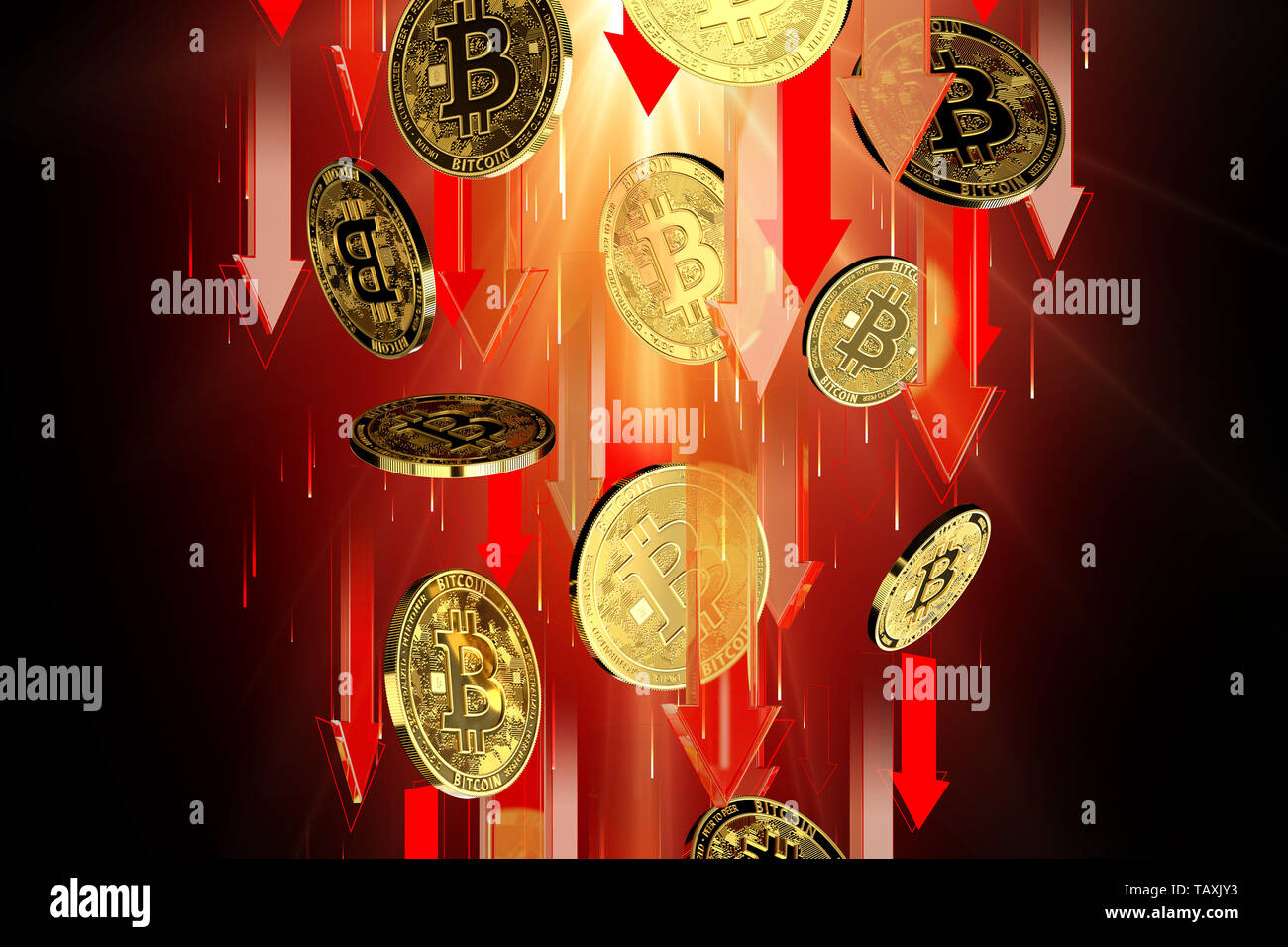 Rote Pfeile nach unten als Bitcoin (BTC) Preis fällt. Auf schwarzem  Hintergrund isoliert, kopieren. Cryptocurrency Preise sinken Konzept.  3D-Rendering Stockfotografie - Alamy