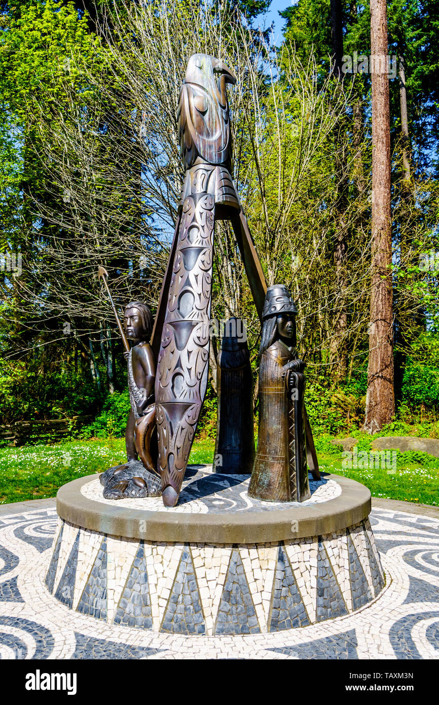 Die Portugiesische Joe Statue ist eine Bronzeskulptur im Stanley Park. Ein Tribut an die Vorfahren der Verbindung zwischen dem Bereich der Aborigines und Portugiesisch Stockfoto