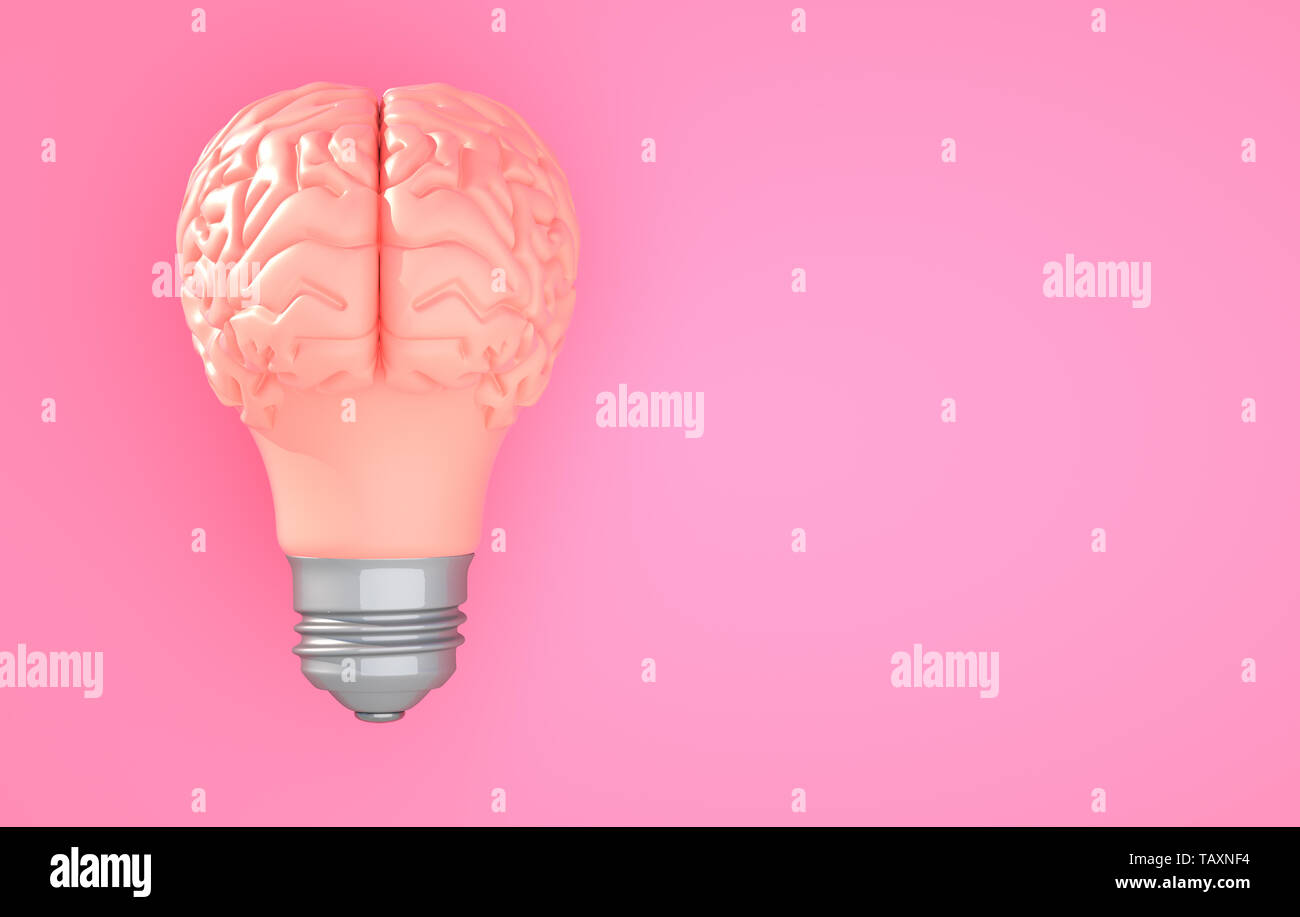 Rosa Gehirn Glühbirne auf die Farbe im Hintergrund. 3D-Darstellung Stockfoto