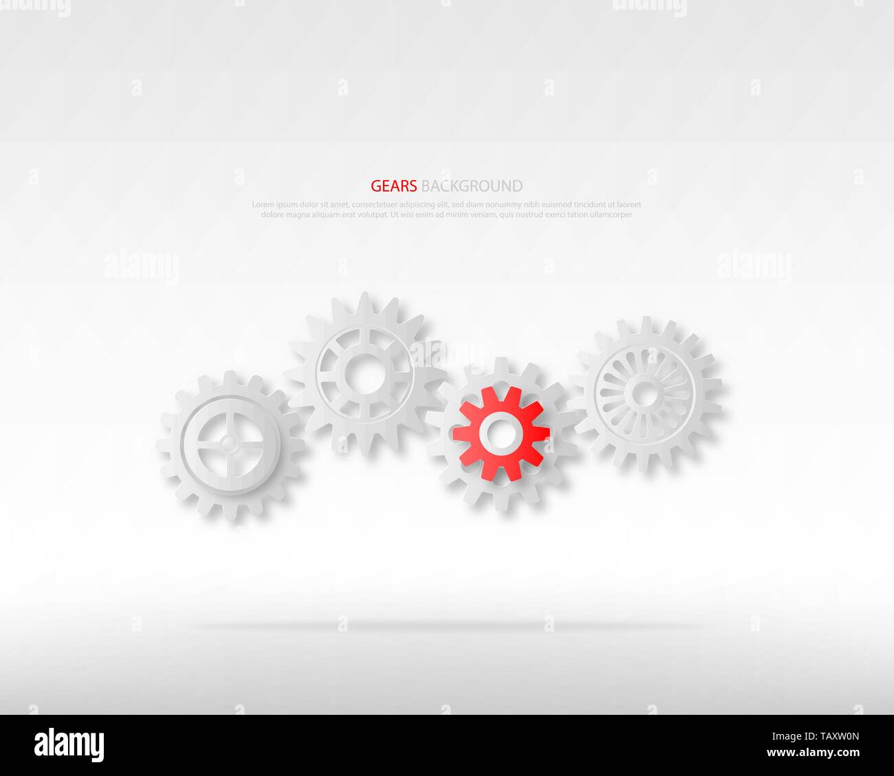 Macht der Führung oder Teamarbeit Konzepte. Grau Getriebe Räder und ein Rotes Zahnrad auf weißem Hintergrund. Zeigt die Zusammenarbeit und Teamwork. Digital craft Papier Stock Vektor