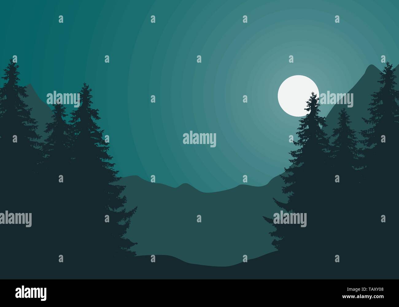 Abbildung: Berglandschaft mit Wald, Bäume und Hügel, unter Nacht grünen Himmel bei Vollmond und Platz für Text-Vektor Stock Vektor