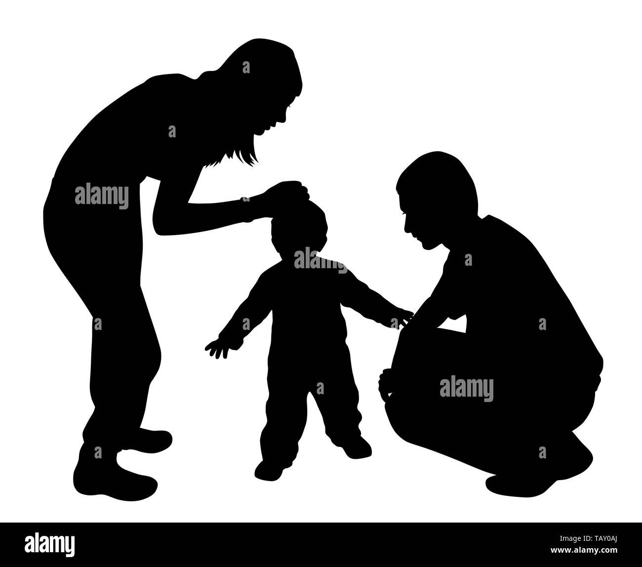 Liebevolle Mutter und Vater mit Kind. Mutter streichelt Kind während Vater mit Mutter und Kind zusammen. Zuneigung Zusammengehörigkeit Konzept. Stock Vektor