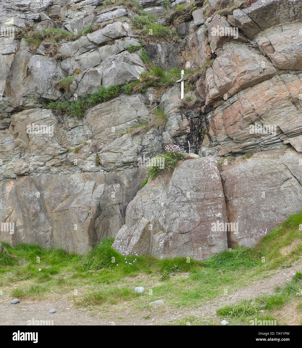 Behelfsmäßige kreuzt, und solche, die in einen Felsen in der Nähe von Saint Ninian's Cave, eine Pilgerstätte für Christen in der Nähe von Whithorn, Wigtownshire geschnitzt, Schottland fotografiert 2019) Stockfoto