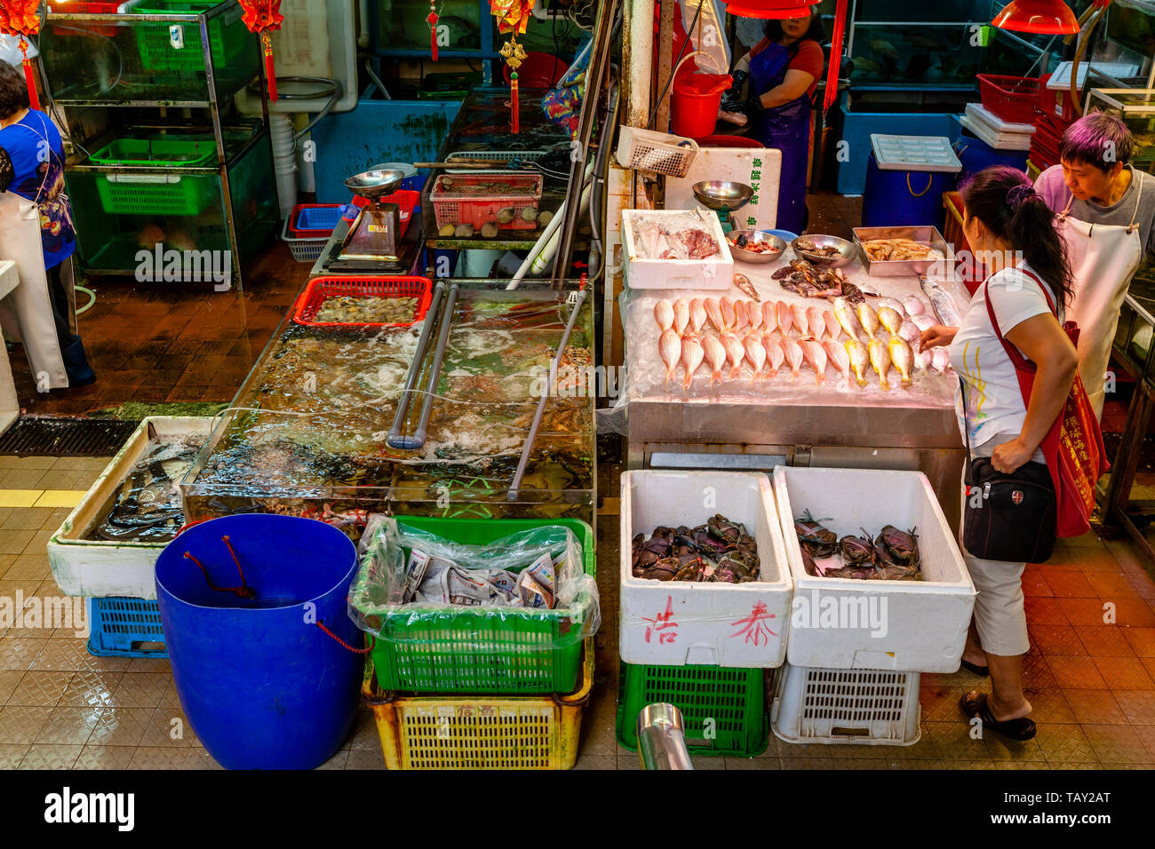 Ein nasser Fisch und Meeresfrüchte Abschaltdruck innerhalb der Bowrington Straße gekochtes Essen Zentrum, Hongkong, China Stockfoto