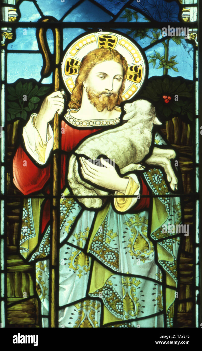 Glasfenster Christus den Hirten, St Peter's Church, Spexhall Suffolk. Mamiya 645 Super + Fuji Velvia. Stockfoto