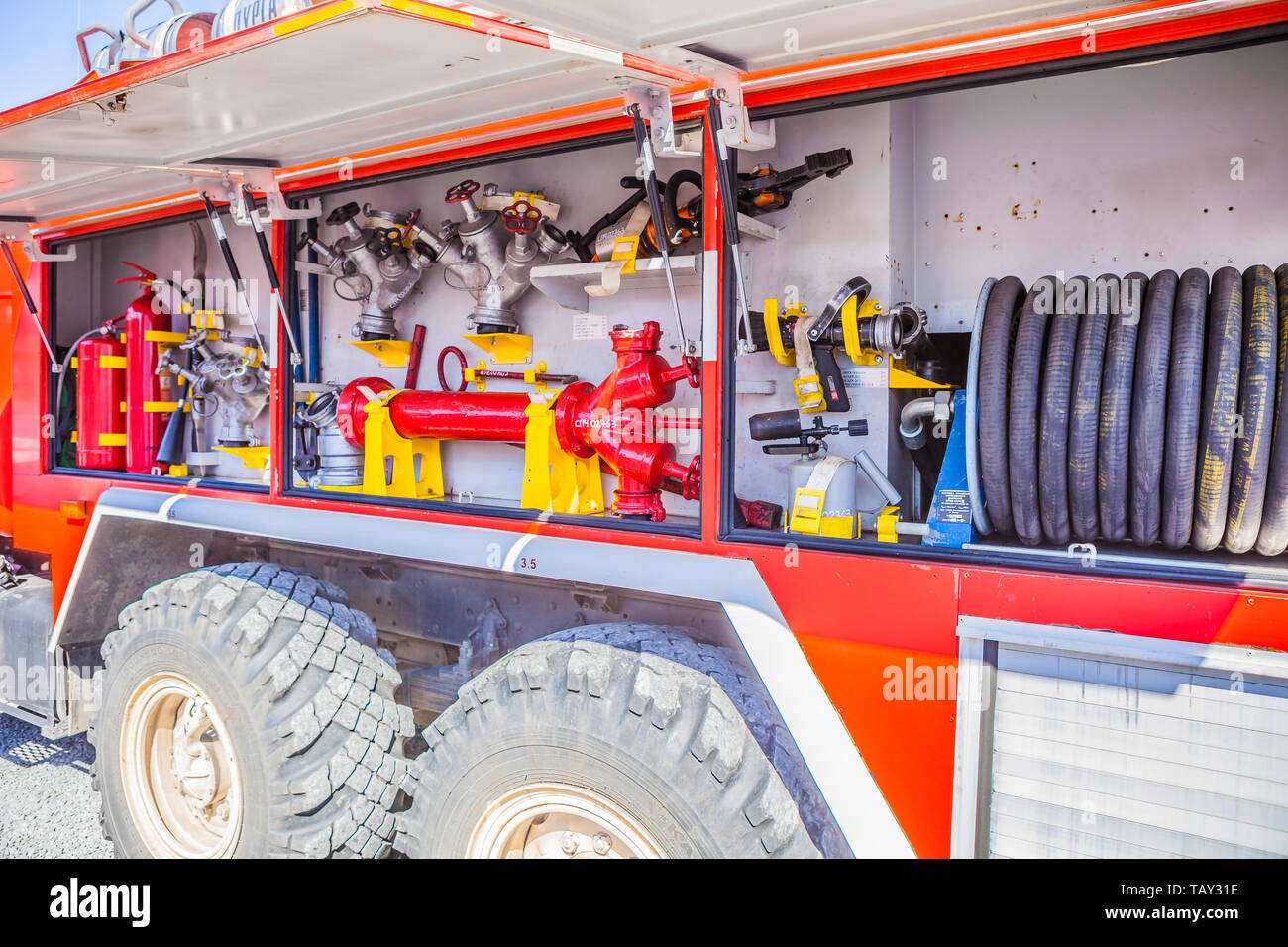 Petrosawodsk, Russland - Mai 09, 2019: Fire Truck in Gebrauch, Mechanismen und Werkzeuge Stockfoto