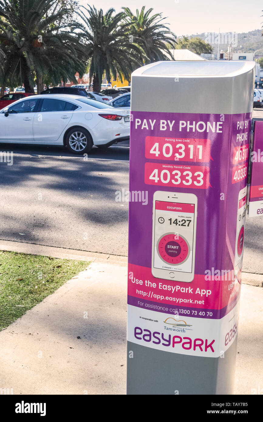 Per Telefon Parkplätze Ticket Dispenser Pay, Tamworth NSW Australien. Stockfoto