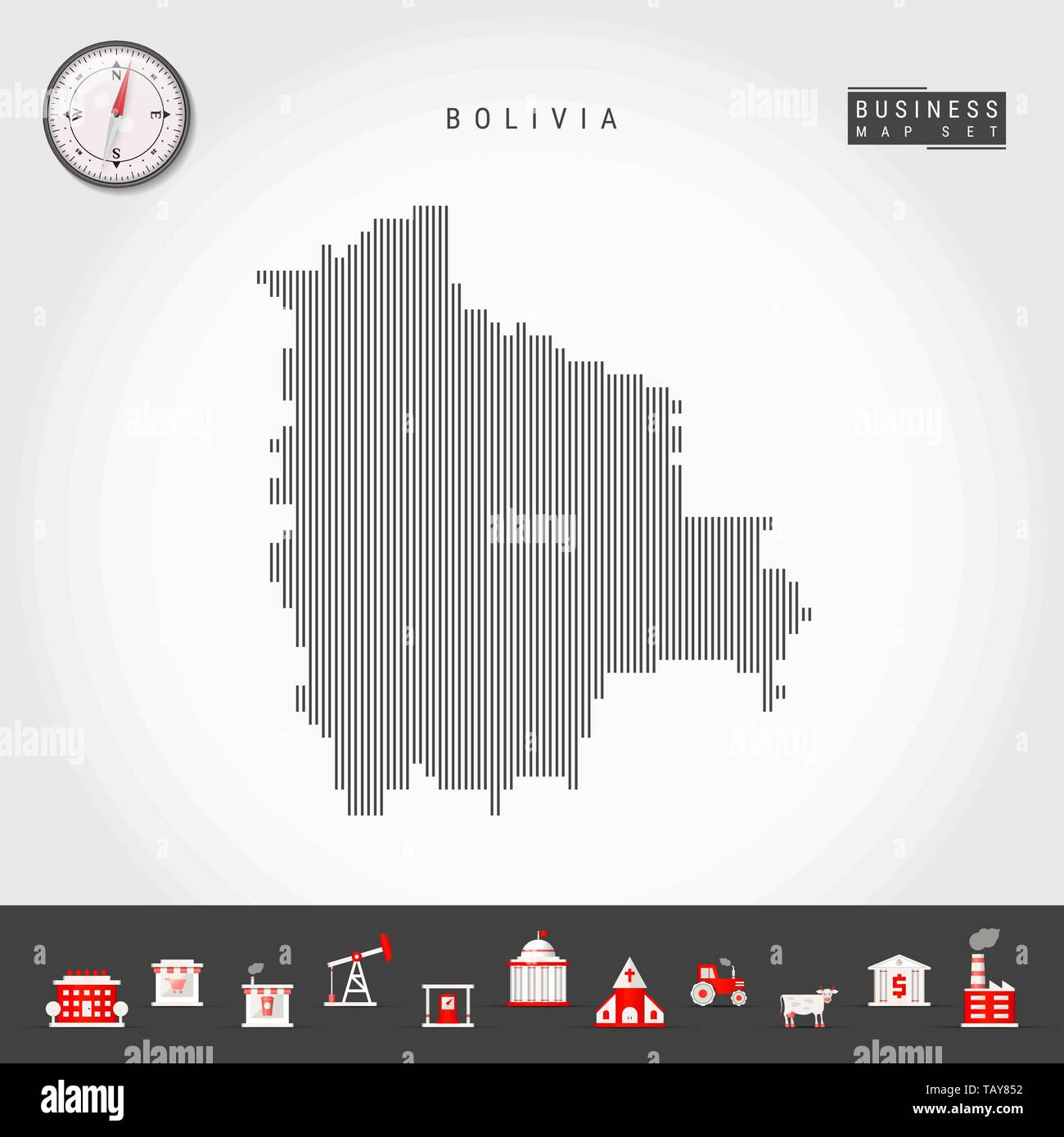 Vektor vertikale Linien Muster Karte von Bolivien. Gestreift Einfache Silhouette von Bolivien. Realistische Vektor Kompass. Business Infografik Symbole. Stock Vektor
