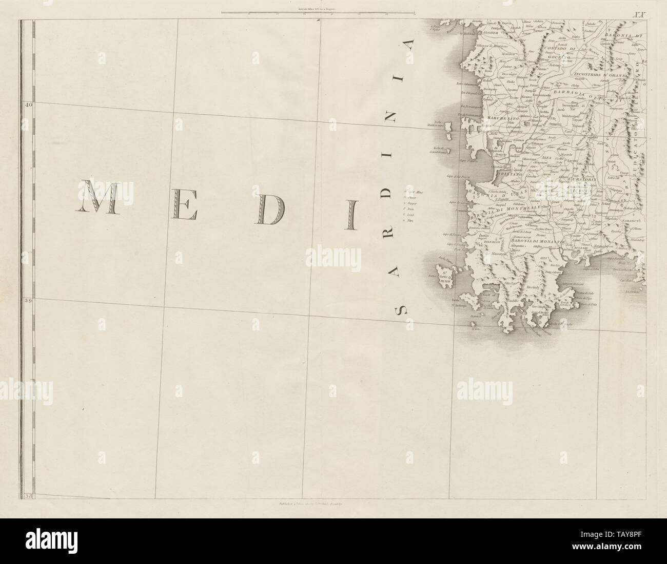 South West Sardinien. Cagliari. Gold & Silver Mines. Italien. CHAUCHARD 1800 Karte Stockfoto