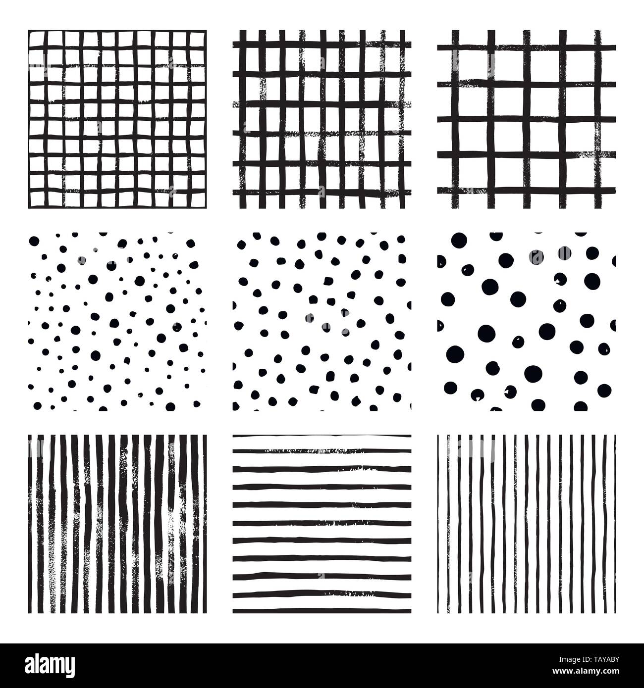 Set schwarz und weiß Hand zeichnen Vektor nahtlose Muster Streifen, Raster, Polka Dot. Endlose Texturen in Schwarzweiß. Im skandinavischen Stil. Stock Vektor