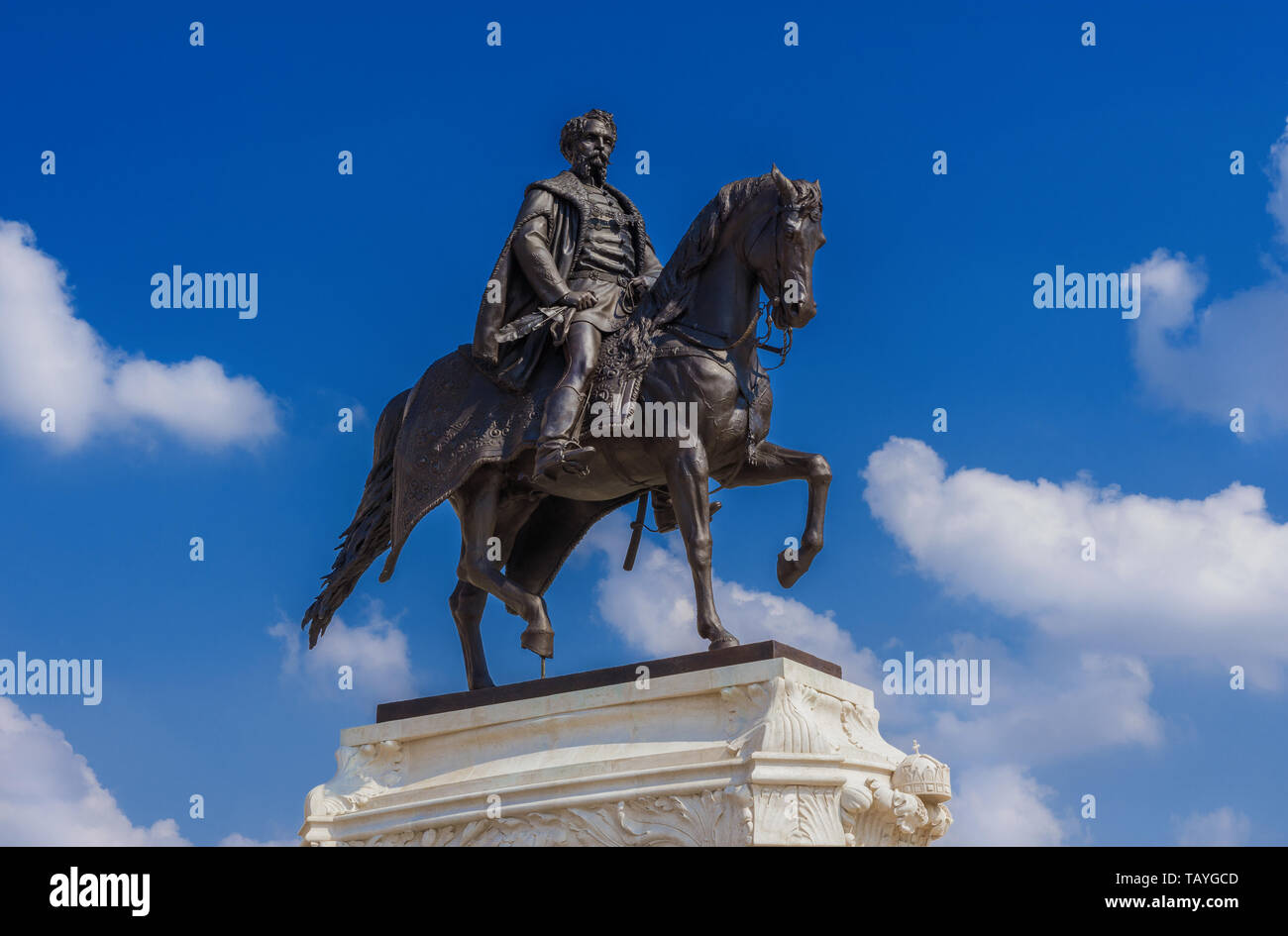 Graf Gyula Andrássy, Premierminister zwischen 1867 und 1871, Reiterstatue direkt vor dem Parlament in Budapest Stockfoto