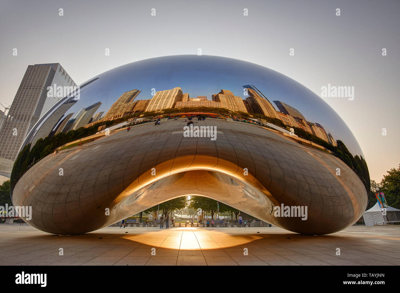 Die Skulptur Cloud Gate, die auch als Bean, Millenium Park bei Sonnenaufgang, Chicago, Illinois, United States Stockfoto