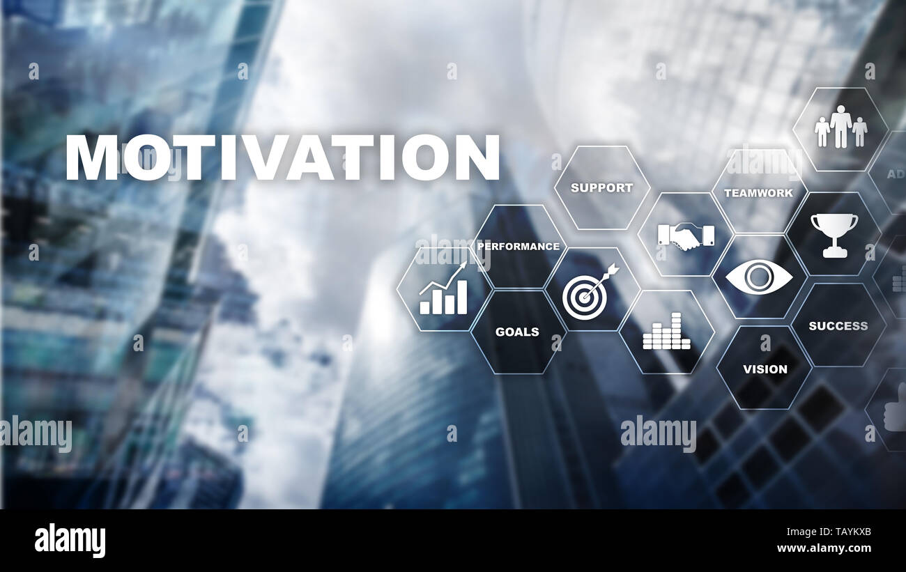 Motivation Konzept mit den Elementen. Business Team. Finanzkonzept auf verschwommenen Hintergrund. Mixed Media. Stockfoto