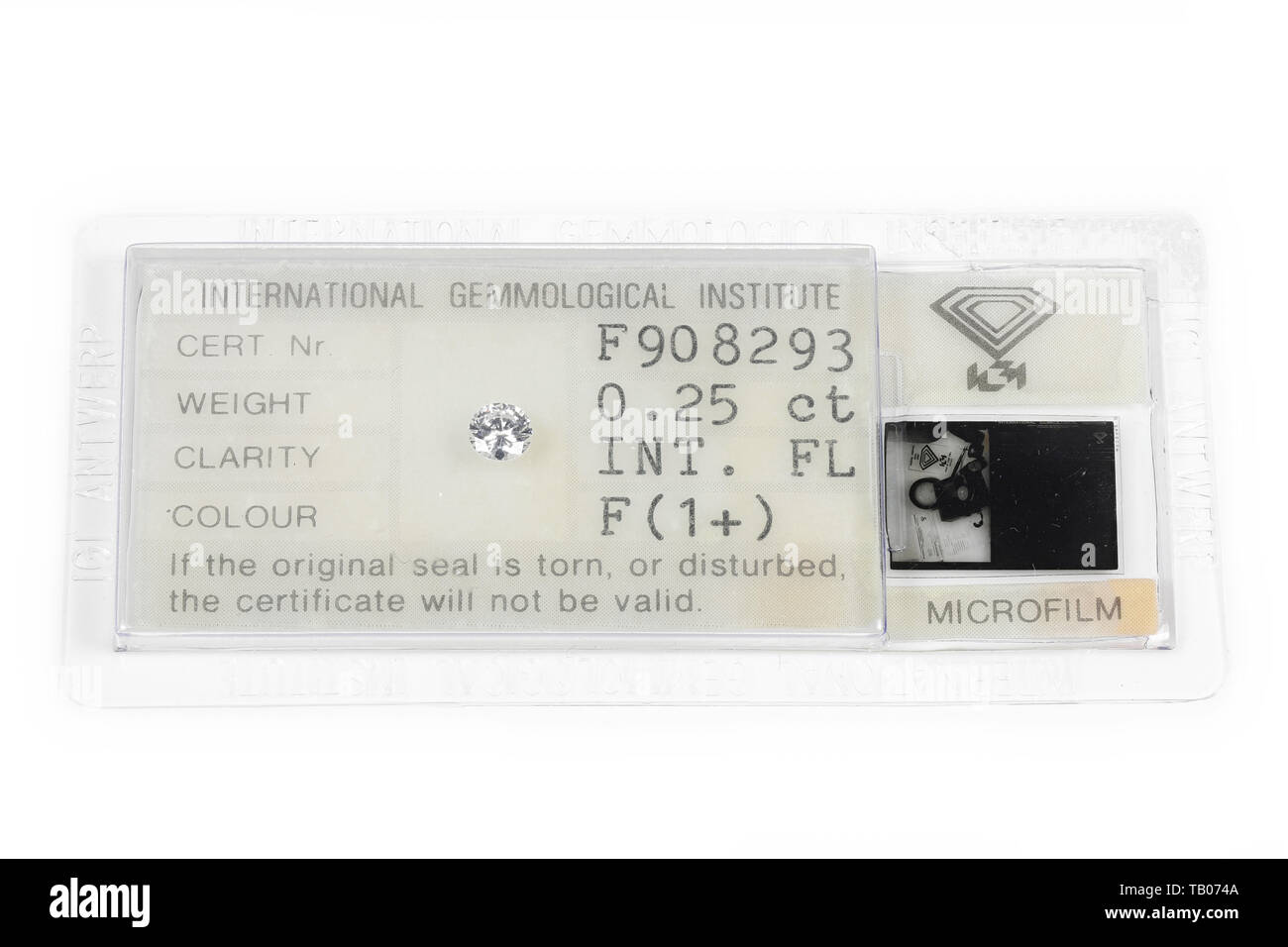 IGI 0,25ct Brillanten Diamanten zertifiziert. International Gemological Institut (IGI) ist der größte unabhängige gemmologische Labor weltweit. Stockfoto