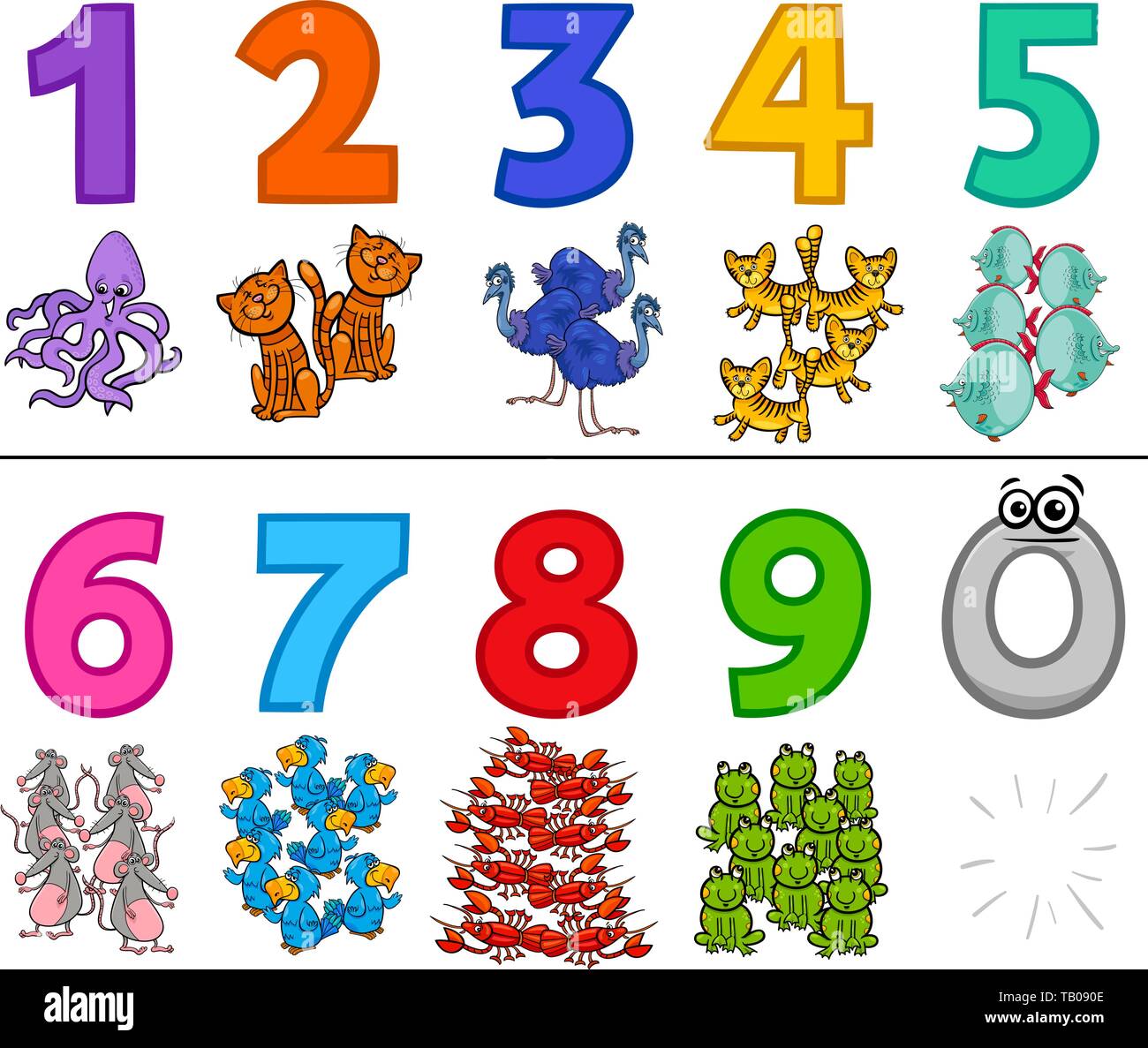 Cartoon Illustration von Bildungs- Zahlen von Eins bis Neun mit lustigen  Tier Zeichen Stock-Vektorgrafik - Alamy