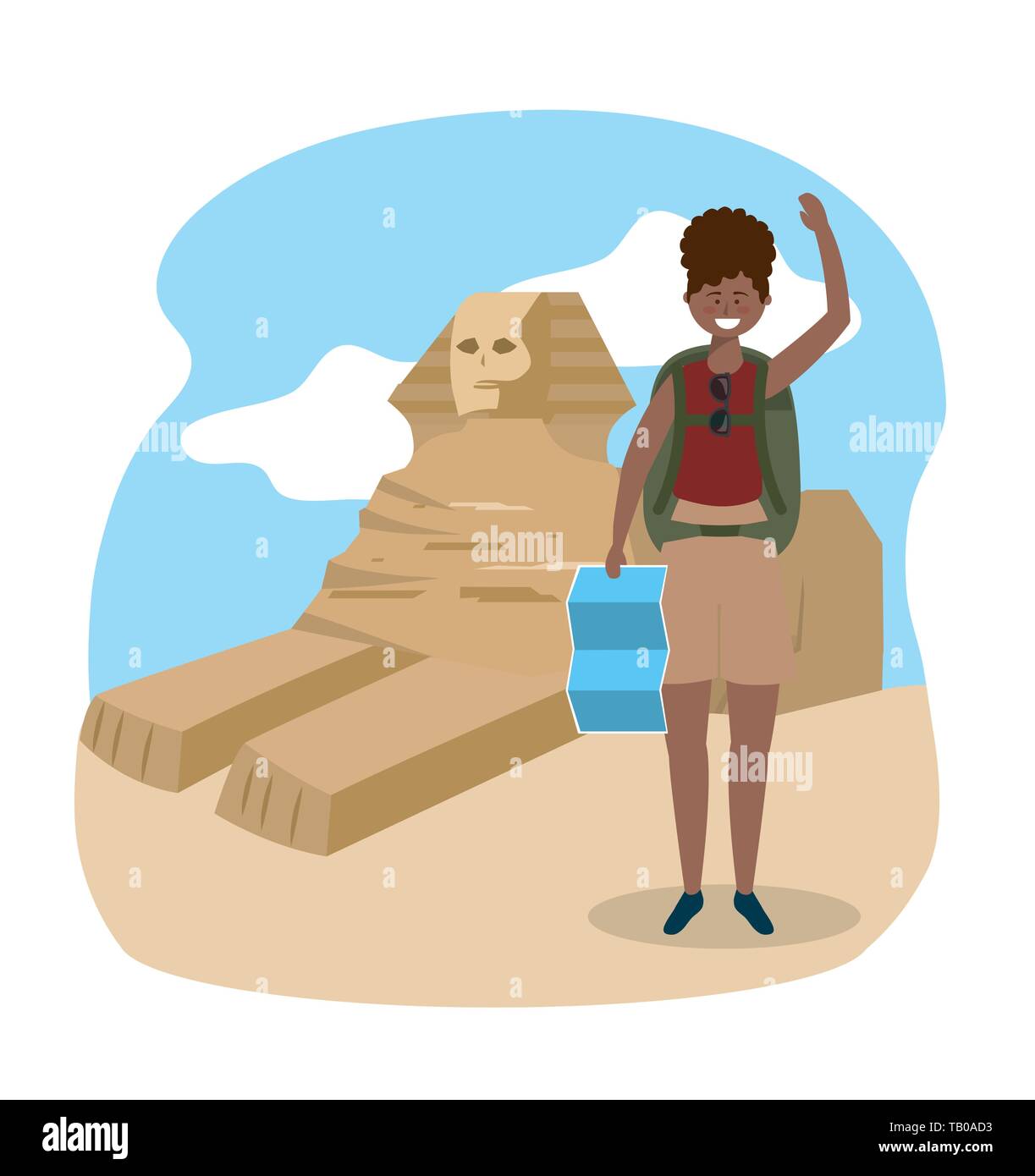 Frau mit Rucksack und globale Karte zu reisen sculture Vector Illustration in Ägypten Stock Vektor
