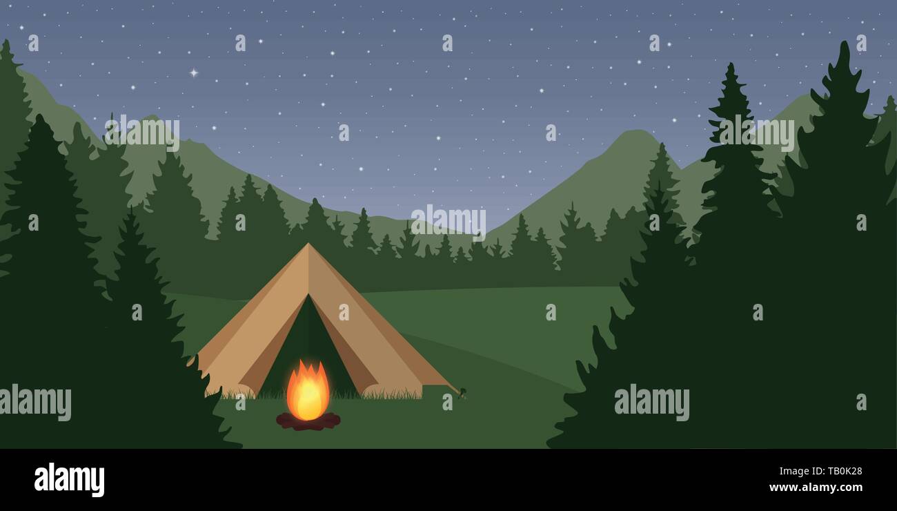 Zelt mit Lagerfeuer in der Nacht im Wald grüne Landschaft und Sternenhimmel Vektor-illustration EPS 10. Stock Vektor