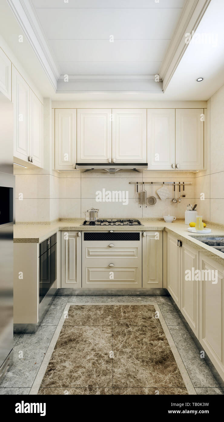 Modernes Design der kleinen Küche, helle Küche Elemente mit beigefarbenen Fliesen, 3D-Rendering Stockfoto