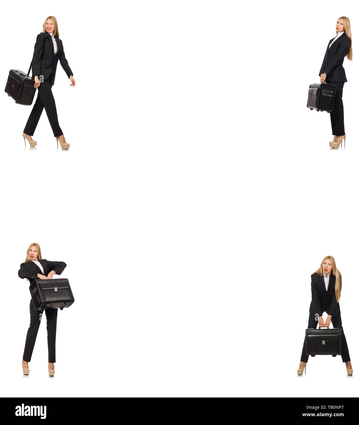 Geschäftsfrau mit Koffer isoliert auf weißem Stockfoto