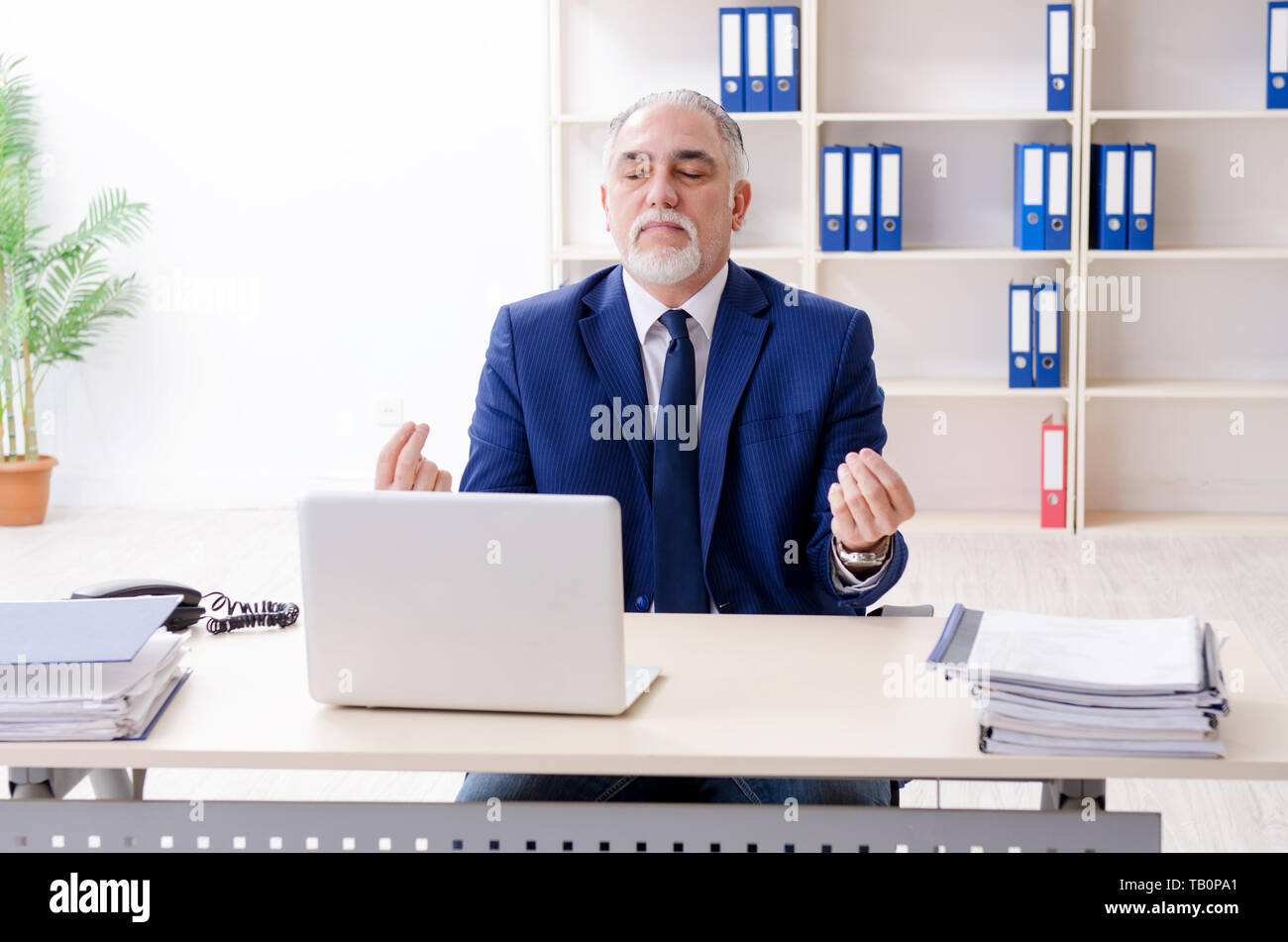 Alter Geschäftsmann Yoga Übungen im Büro Stockfoto